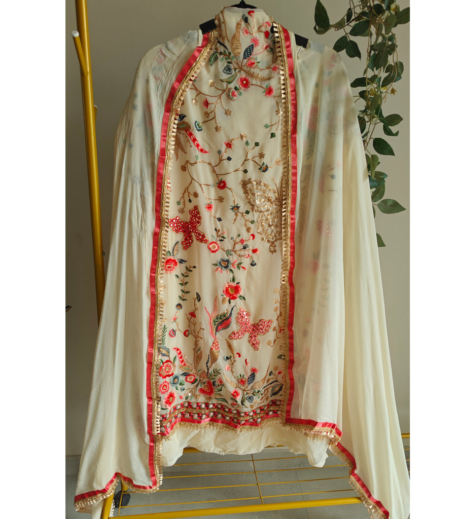 Cream Georgette Dress material with Butterfly embroidery