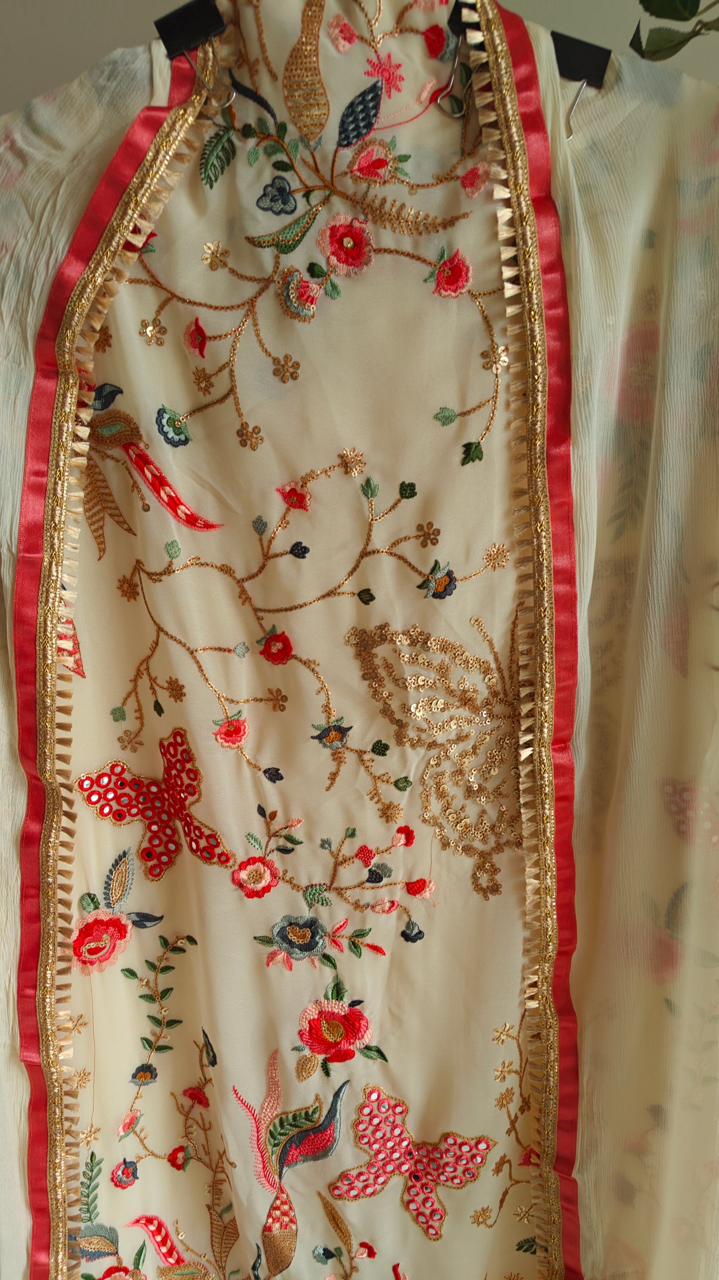 Cream Georgette Dress material with Butterfly embroidery