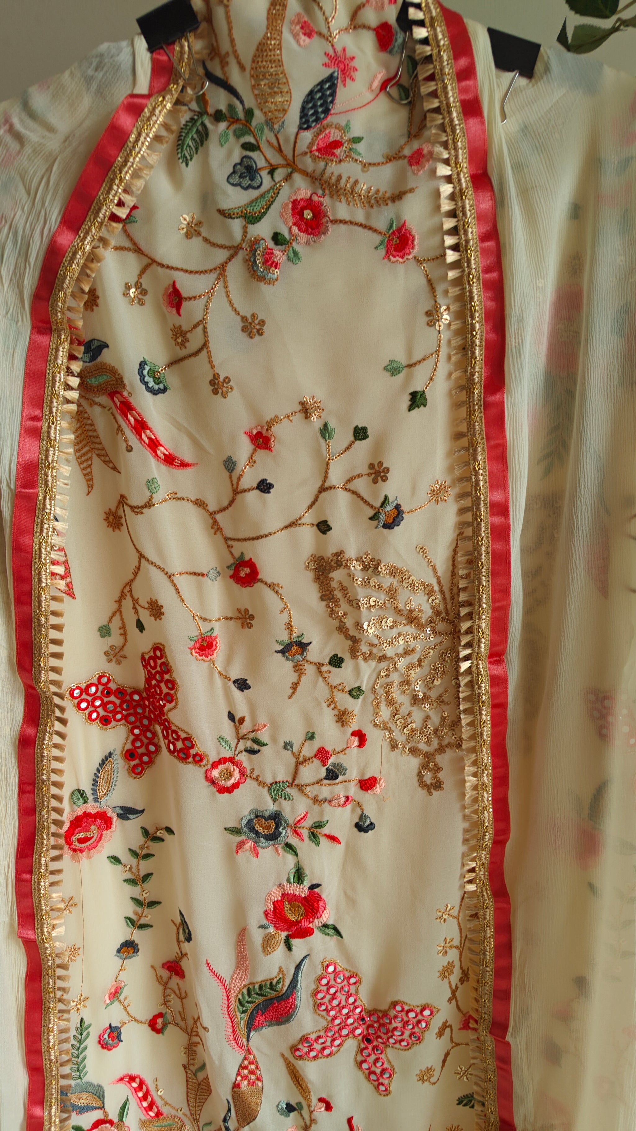 Cream Georgette Dress material with Butterfly embroidery