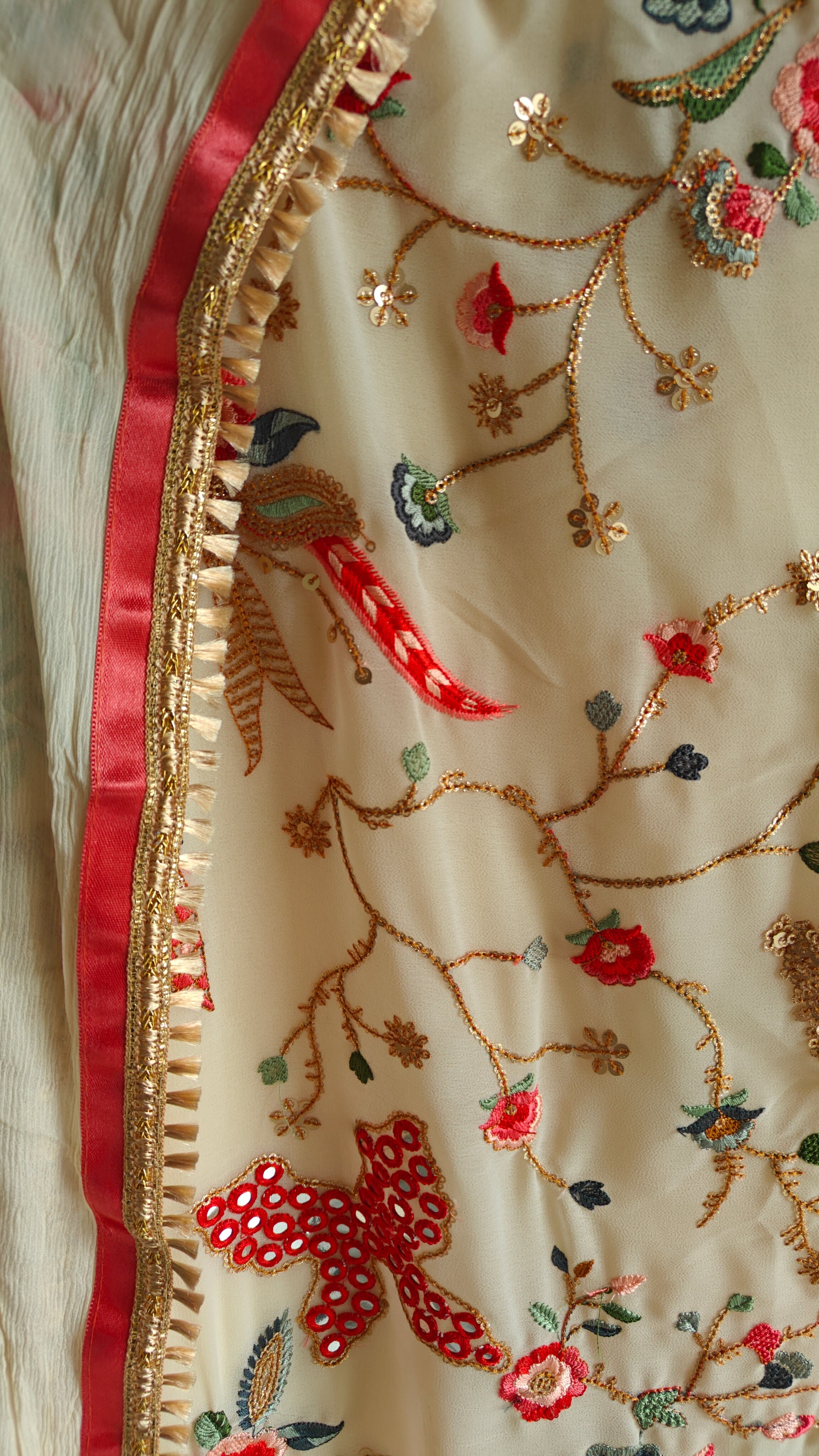 Cream Georgette Dress material with Butterfly embroidery