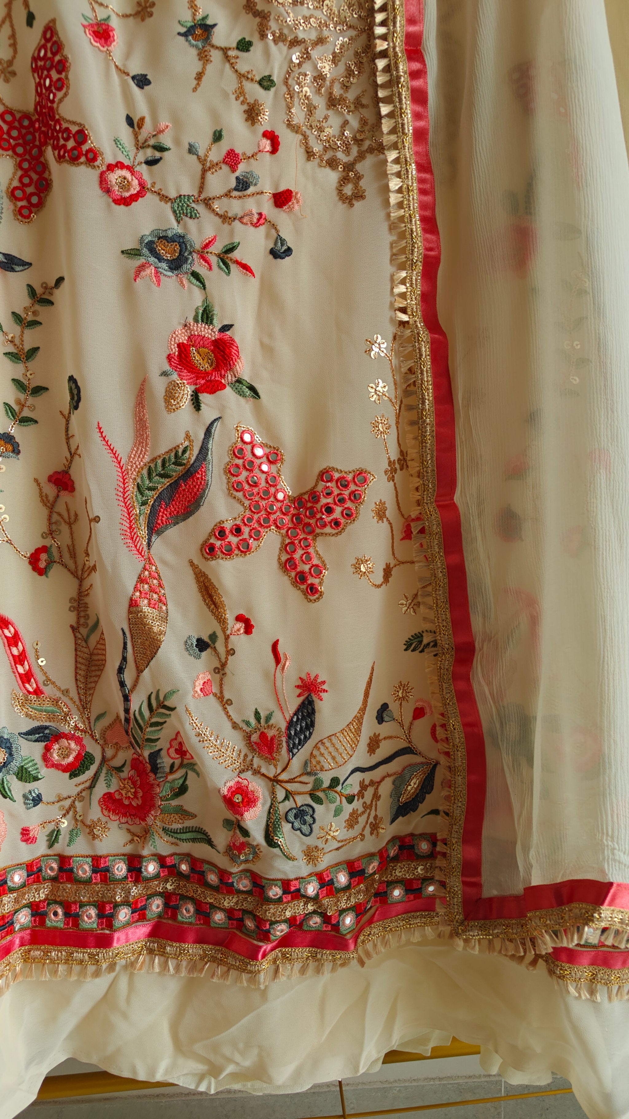 Cream Georgette Dress material with Butterfly embroidery