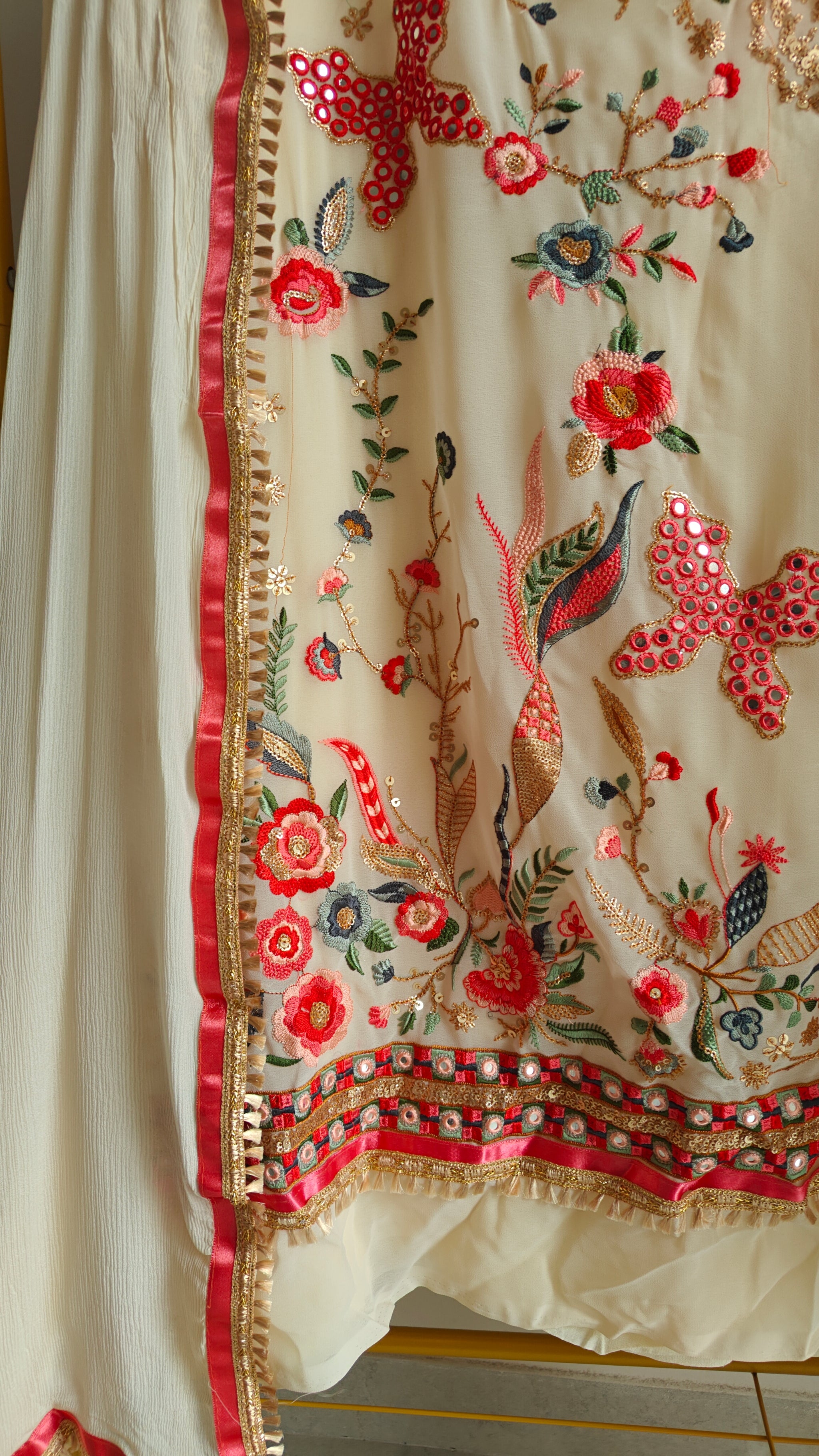 Cream Georgette Dress material with Butterfly embroidery