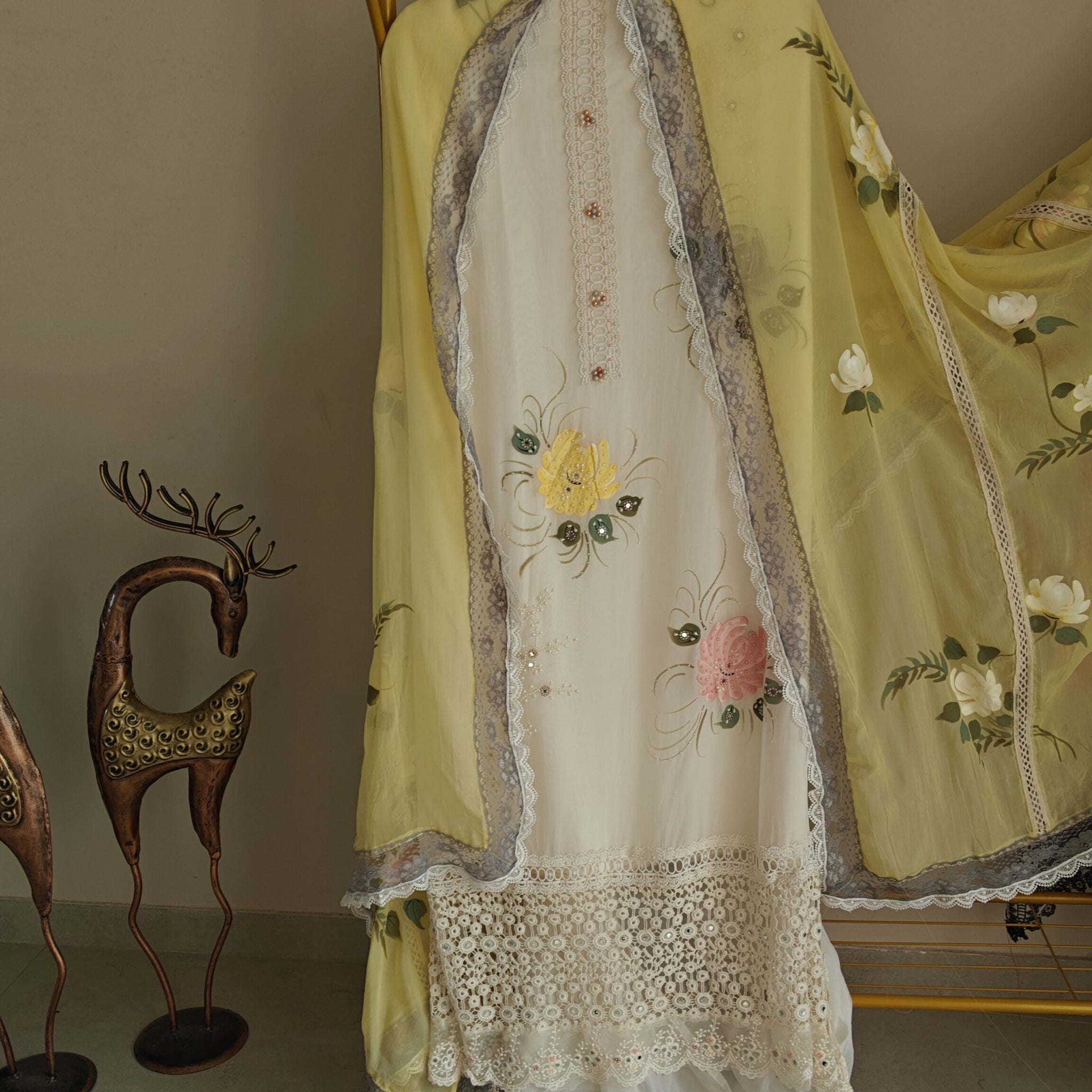 Handpainted and pearl embroidery Unstitched suit