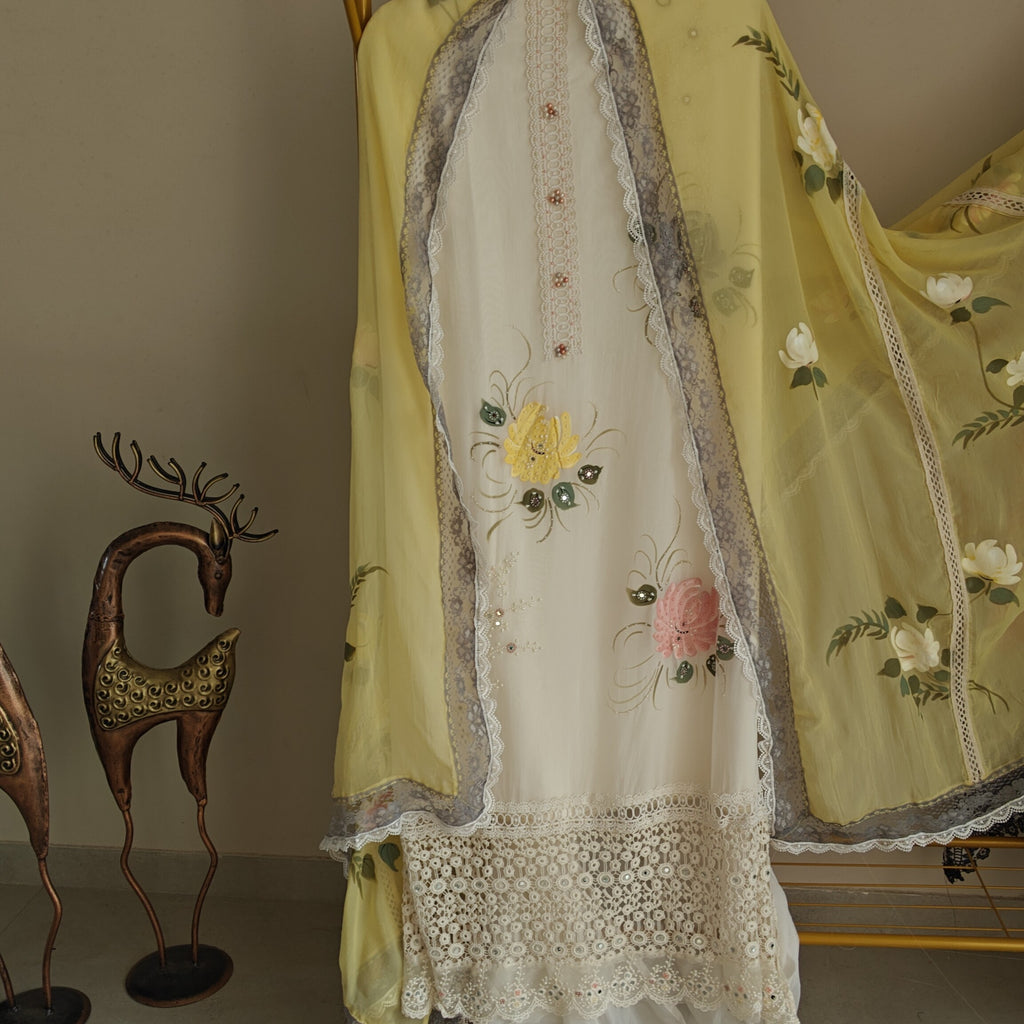 Handpainted and pearl embroidery Unstitched suit