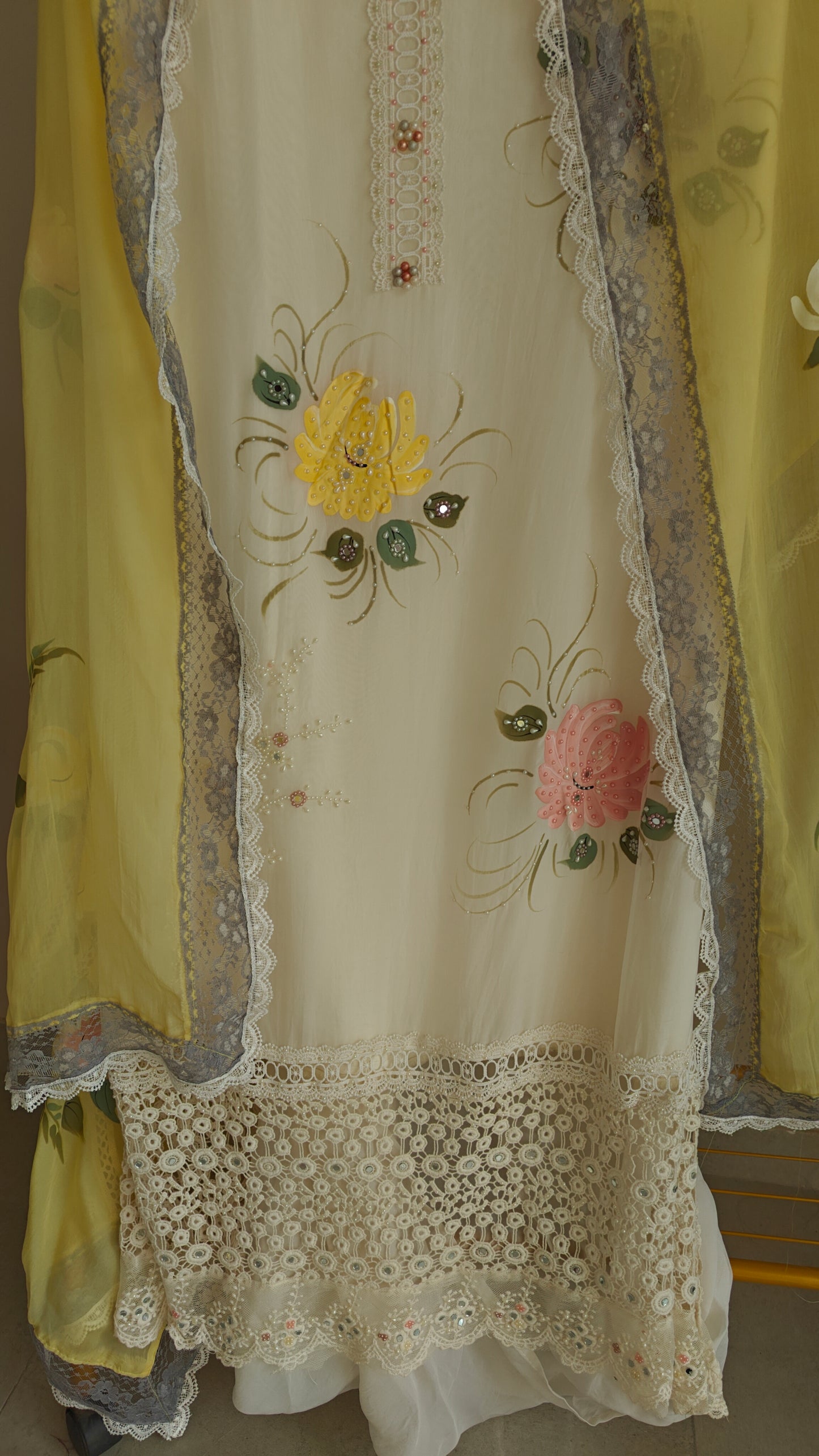 Handpainted and pearl embroidery Unstitched suit