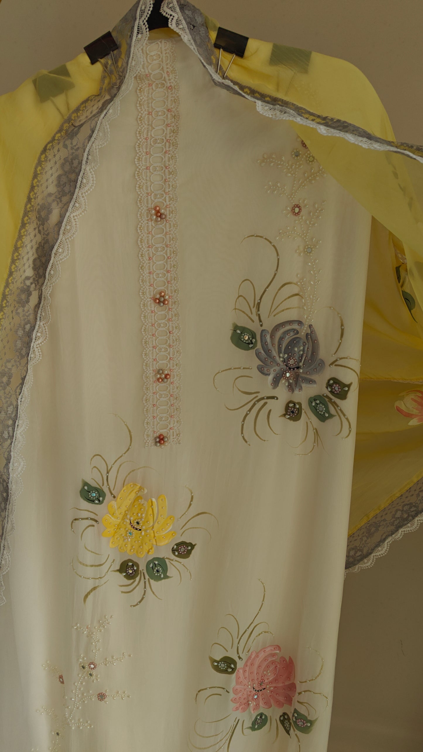 Handpainted and pearl embroidery Unstitched suit
