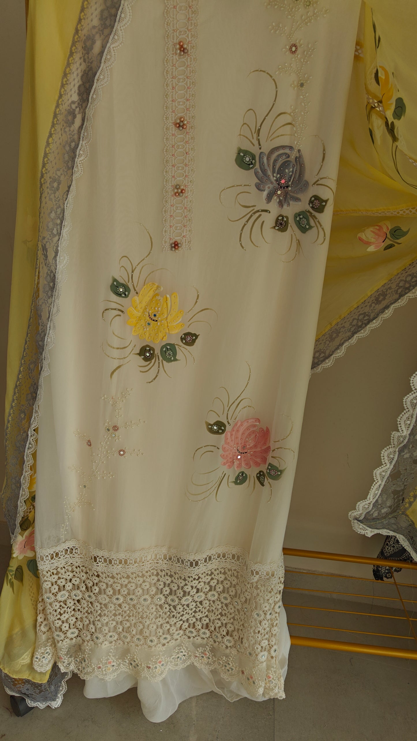 Handpainted and pearl embroidery Unstitched suit