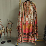 Pure Maheshwari Silk Embroidered yoke kurta semi stitched suit with digital print.