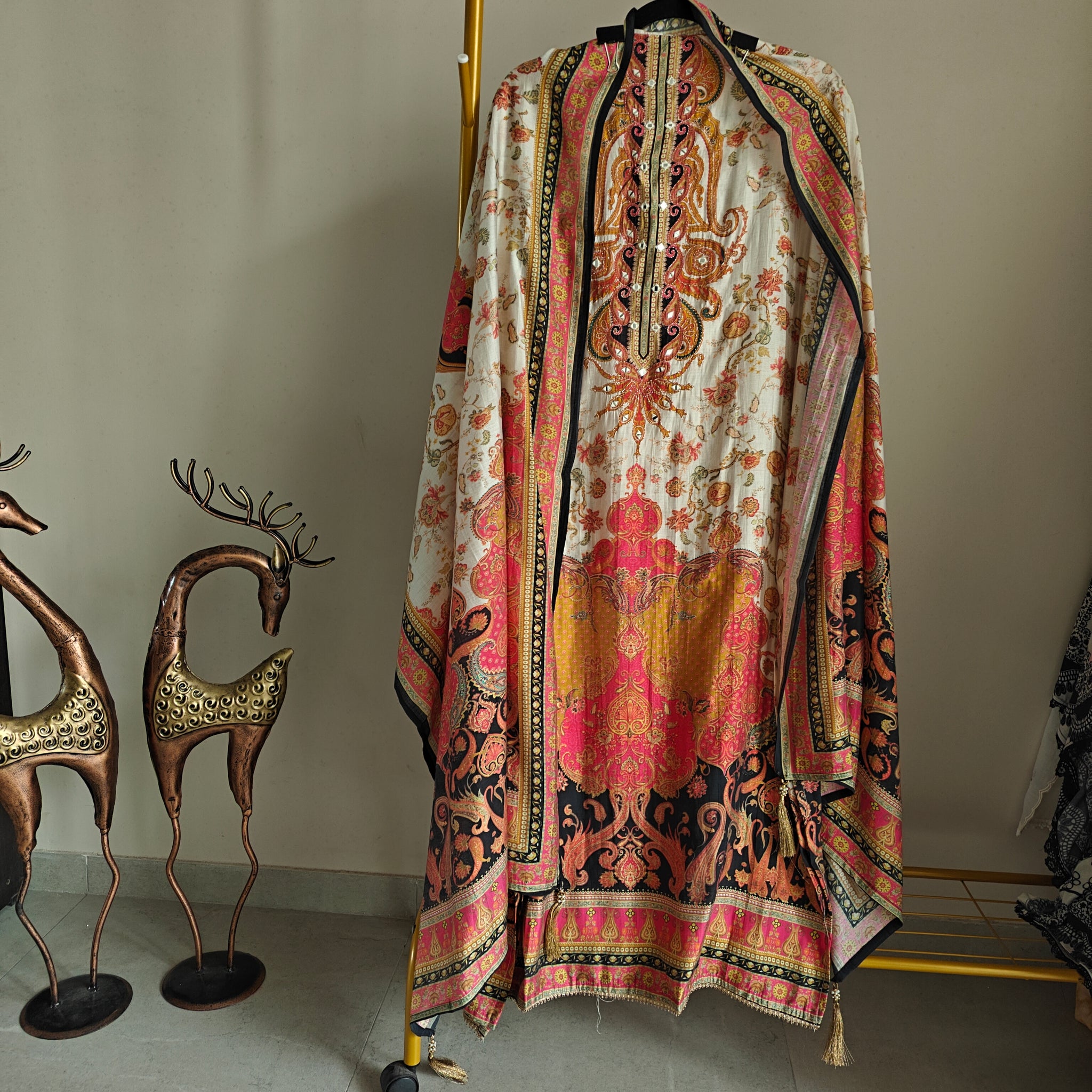 Pure Maheshwari Silk Embroidered yoke kurta semi stitched suit with digital print.