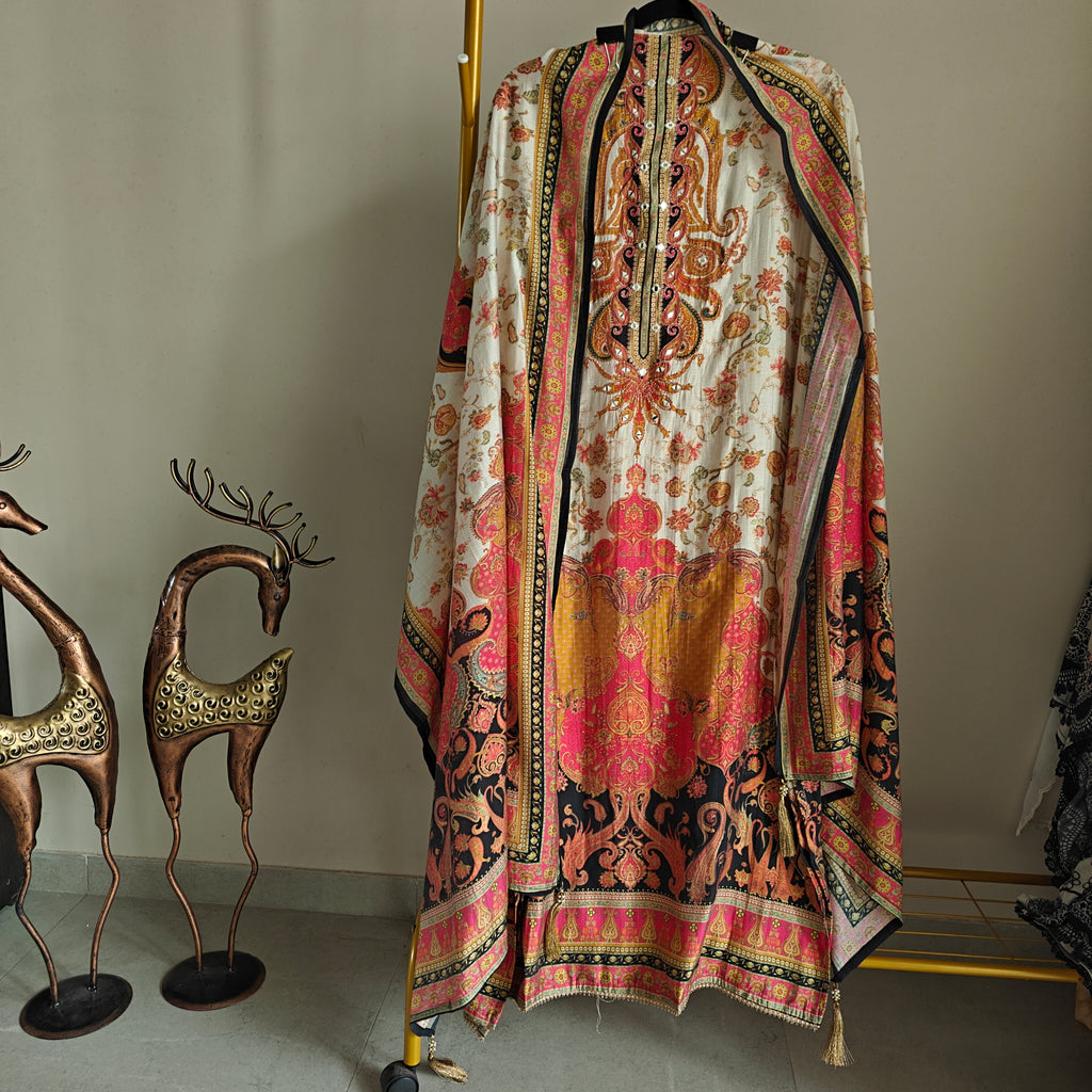 Pure Maheshwari Silk Embroidered yoke kurta semi stitched suit with digital print.