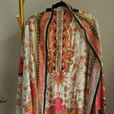 Pure Maheshwari Silk Embroidered yoke kurta semi stitched suit with digital print.