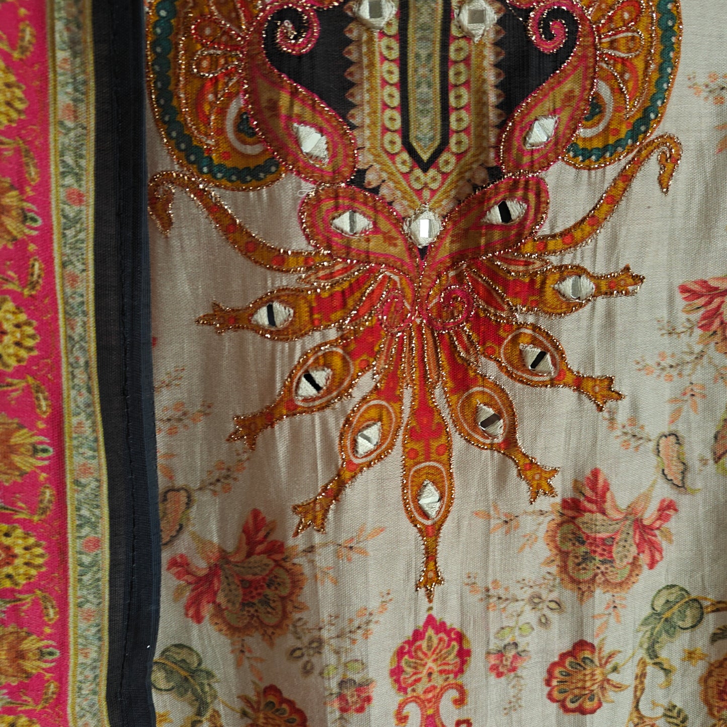 Pure Maheshwari Silk Embroidered yoke kurta semi stitched suit with digital print.