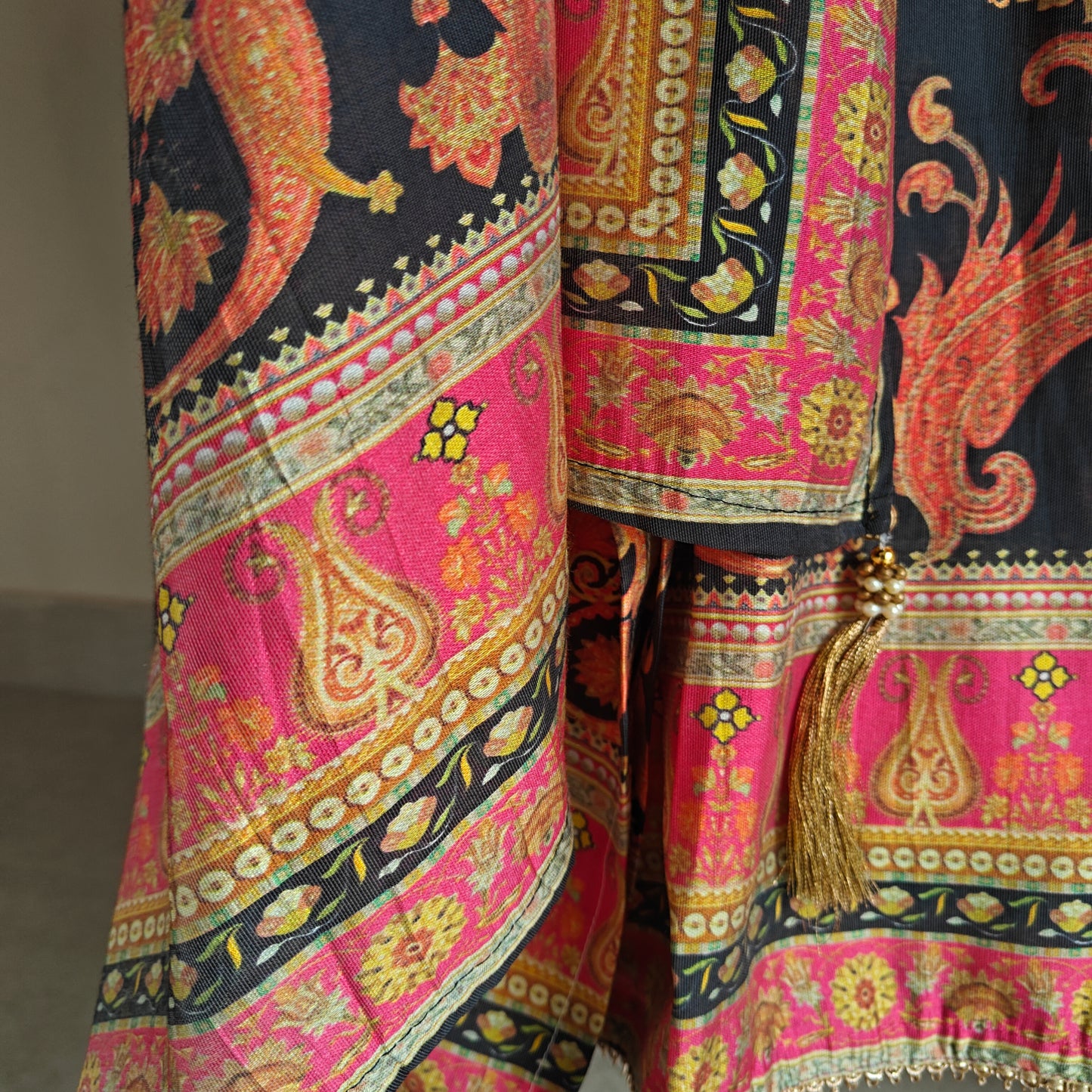 Pure Maheshwari Silk Embroidered yoke kurta semi stitched suit with digital print.