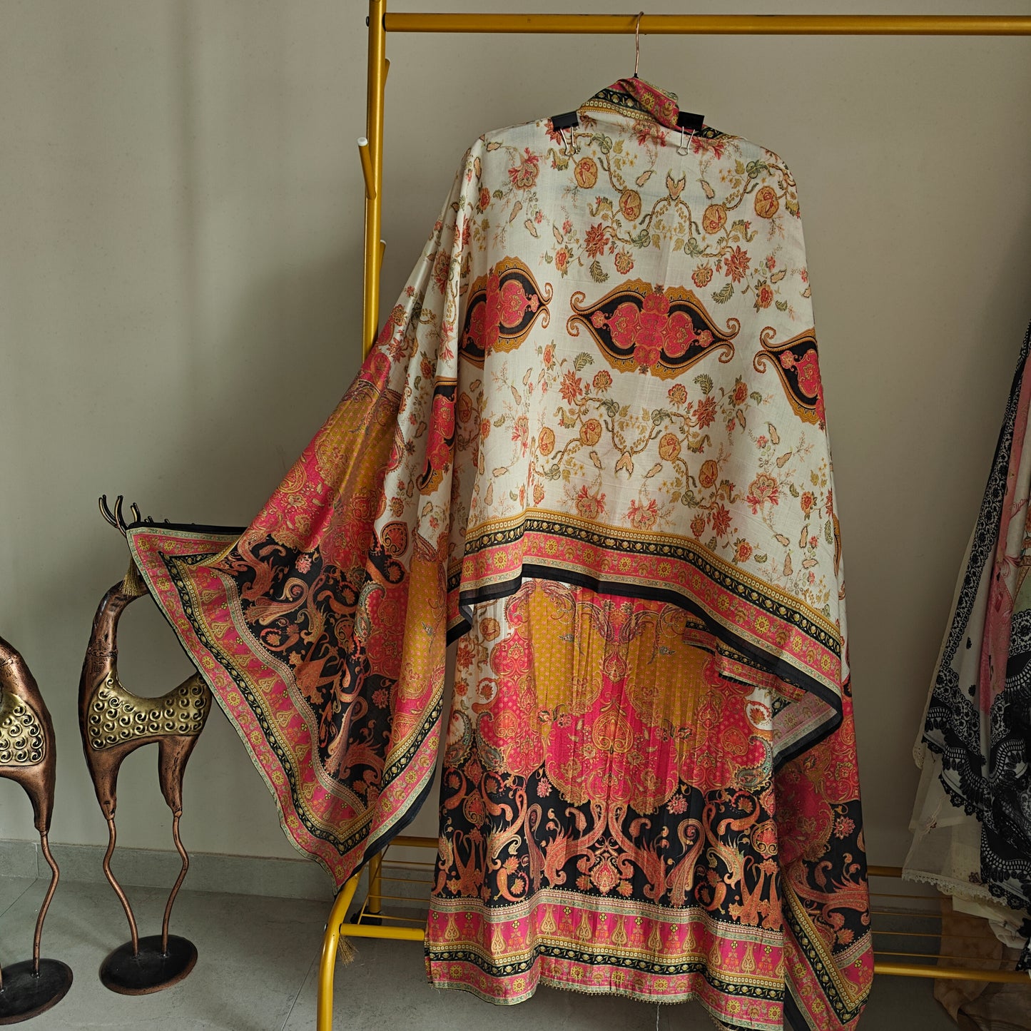 Pure Maheshwari Silk Embroidered yoke kurta semi stitched suit with digital print.