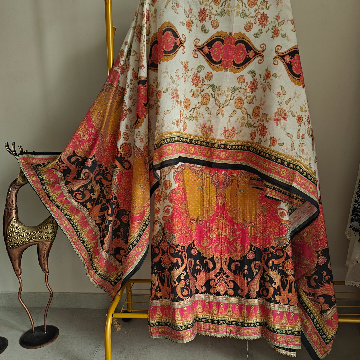 Pure Maheshwari Silk Embroidered yoke kurta semi stitched suit with digital print.