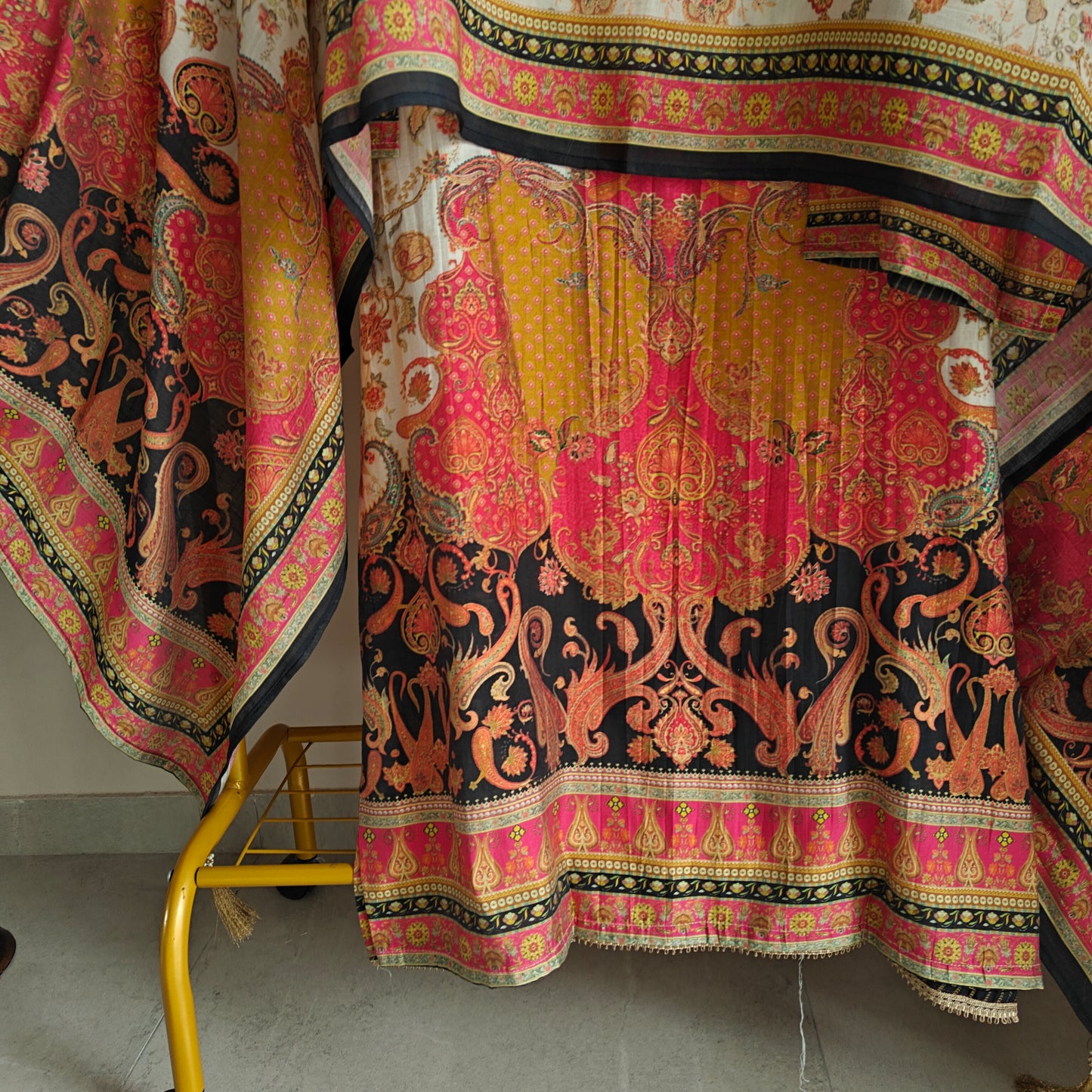 Pure Maheshwari Silk Embroidered yoke kurta semi stitched suit with digital print.