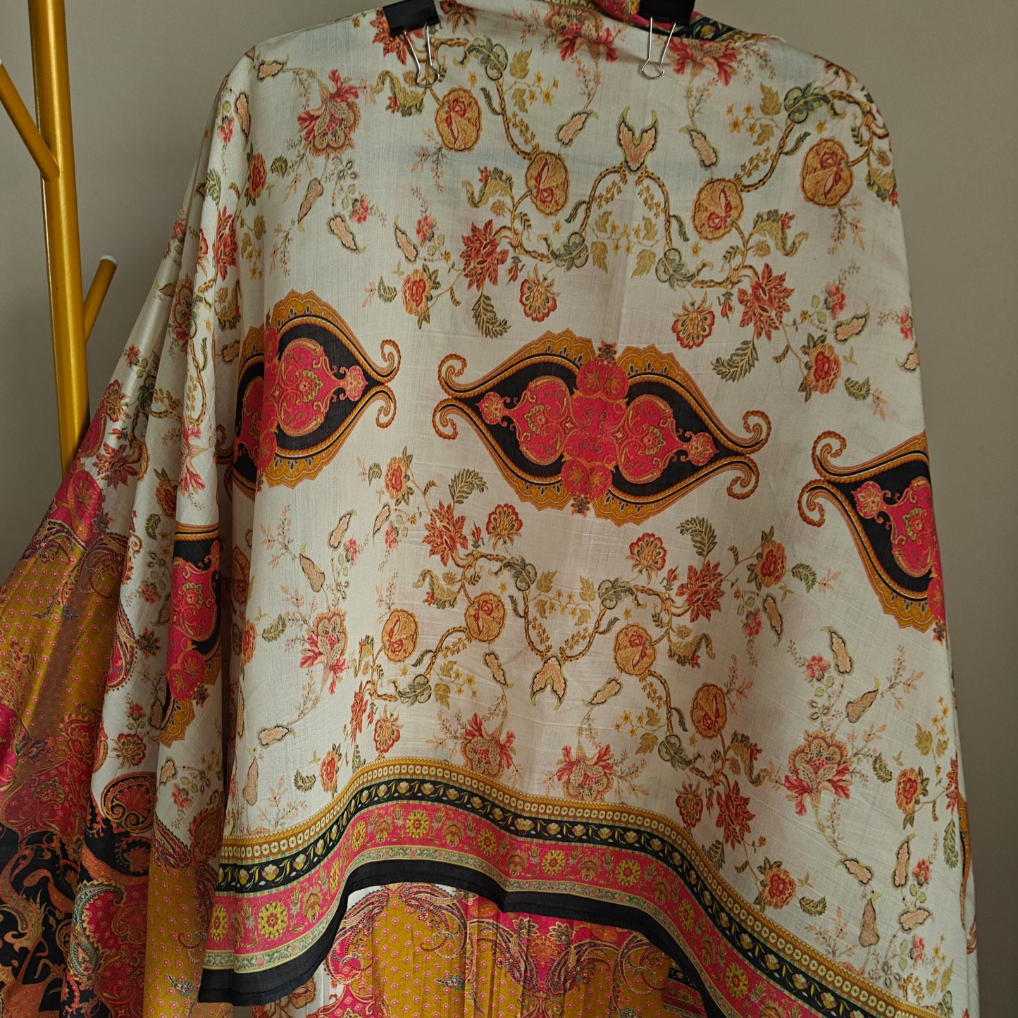 Pure Maheshwari Silk Embroidered yoke kurta semi stitched suit with digital print.