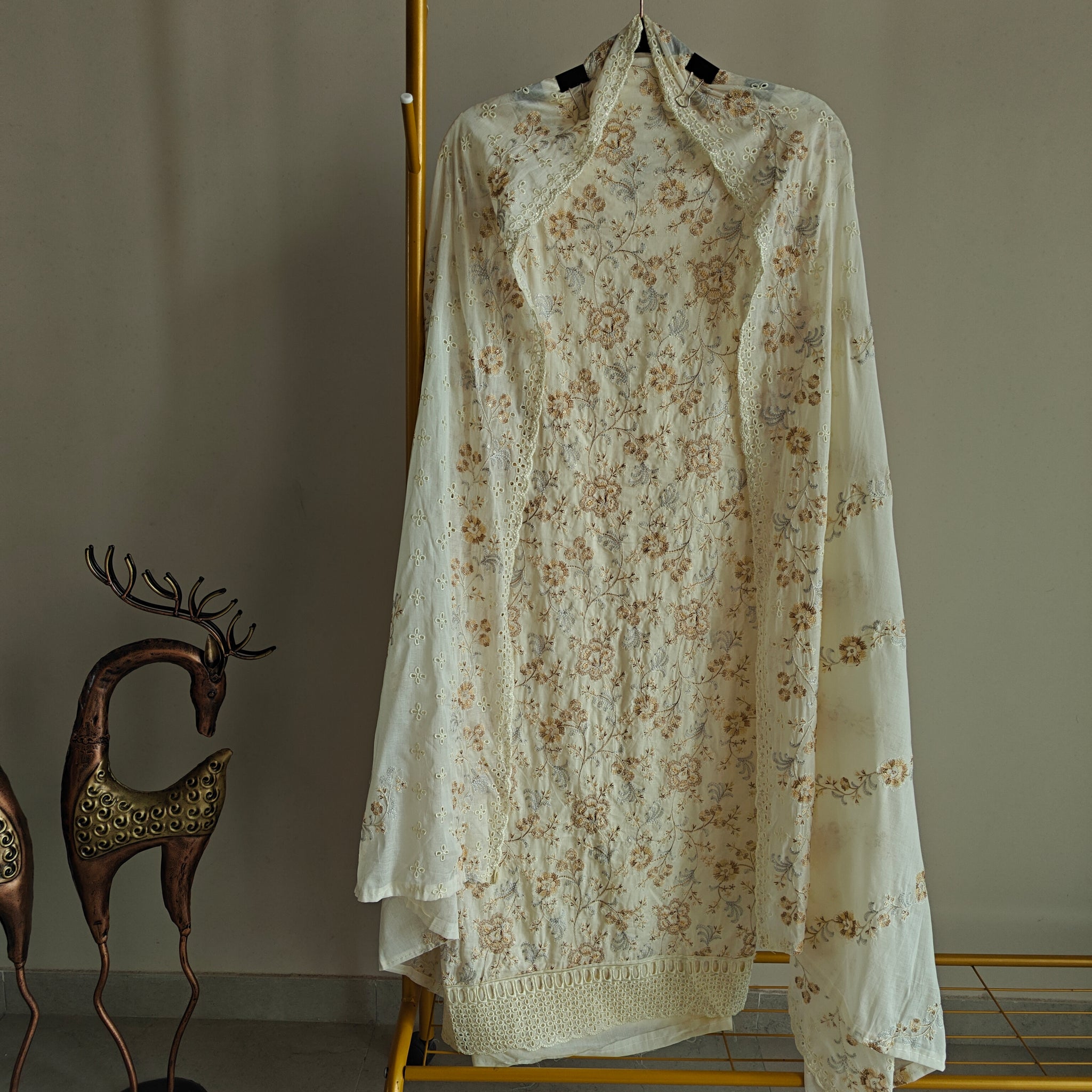 Cream Cotton embroidered dress material