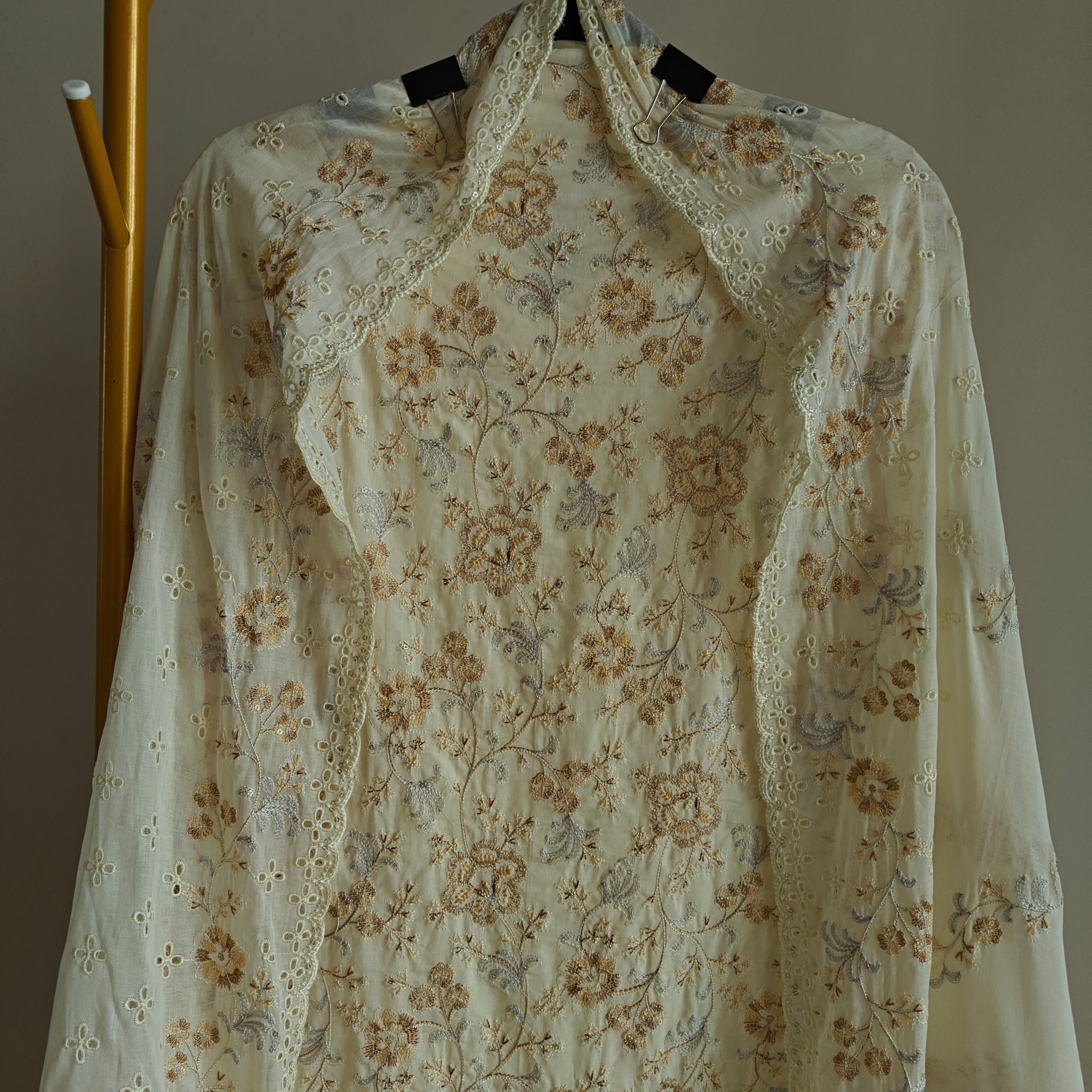 Cream Cotton embroidered dress material