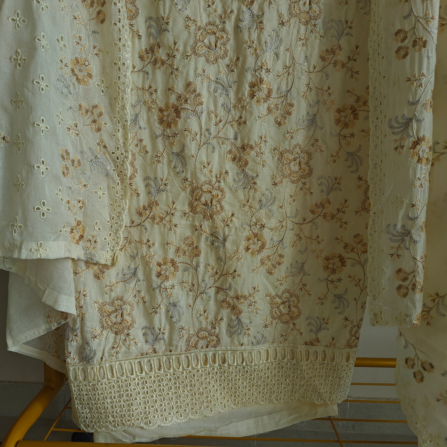 Cream Cotton embroidered dress material