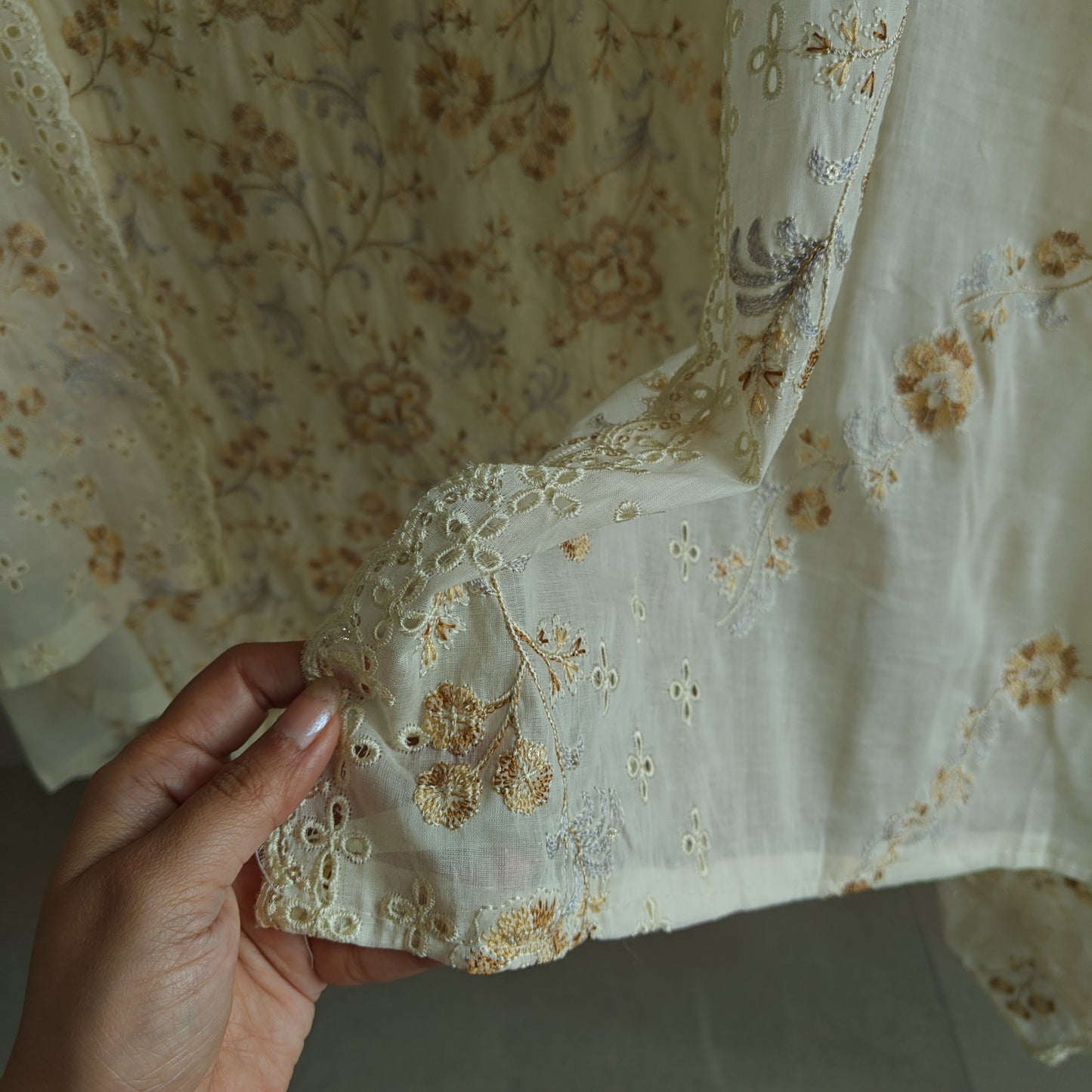 Cream Cotton embroidered dress material