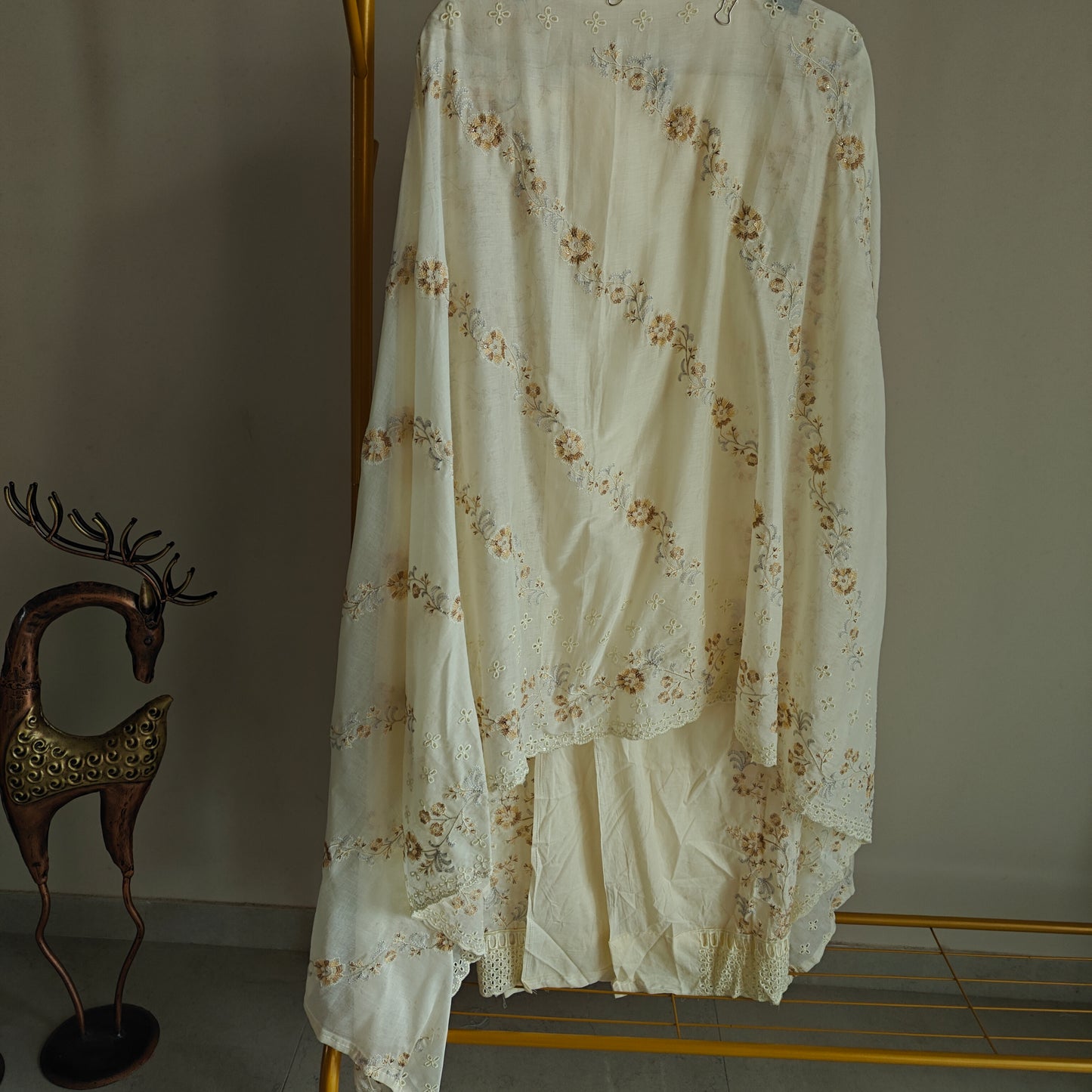 Cream Cotton embroidered dress material