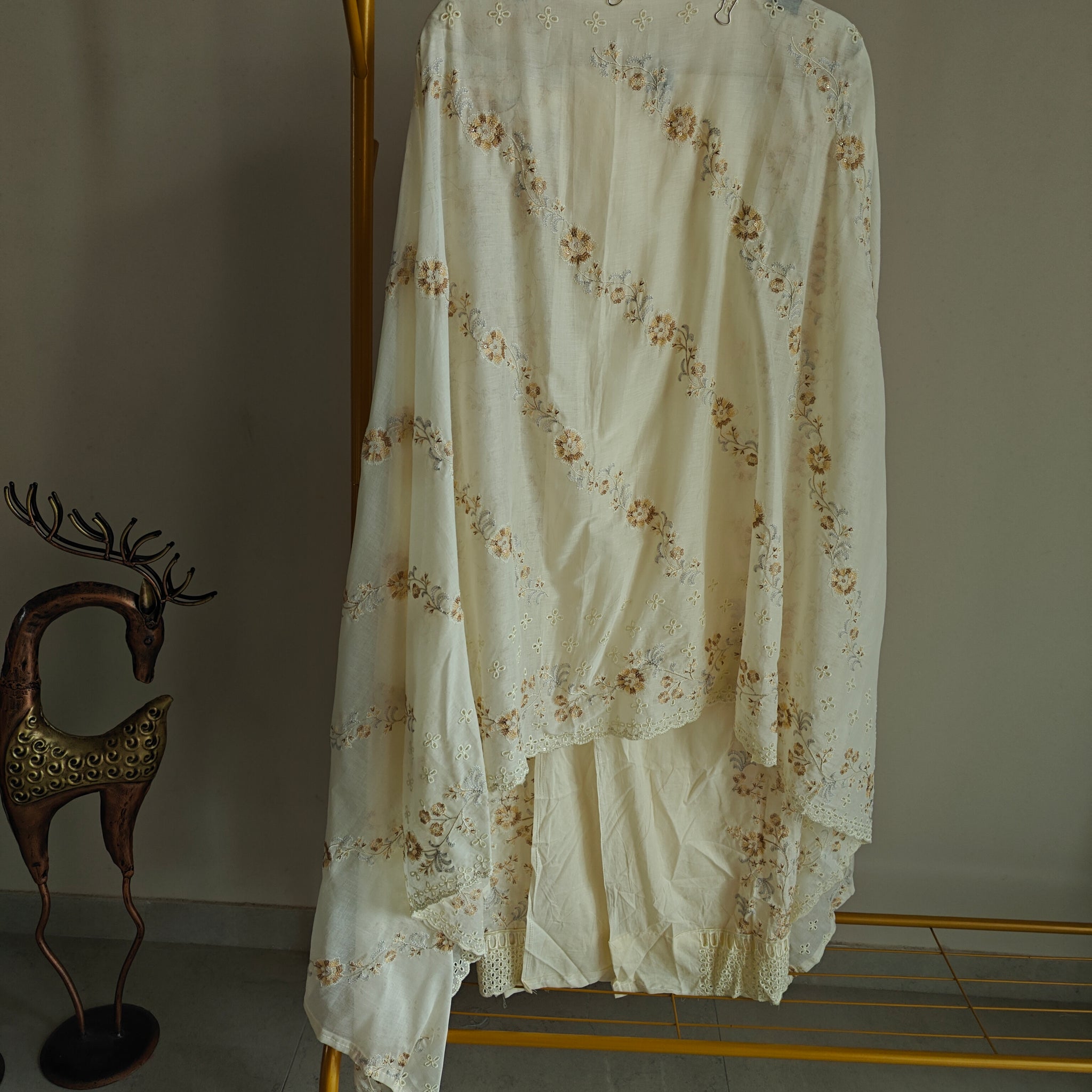 Cream Cotton embroidered dress material