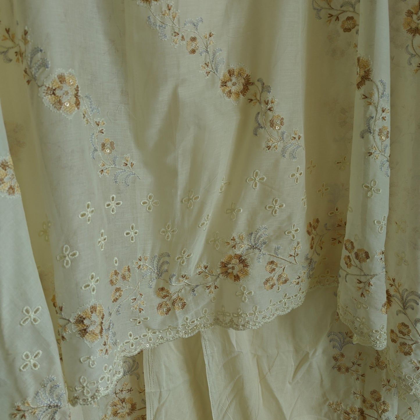 Cream Cotton embroidered dress material