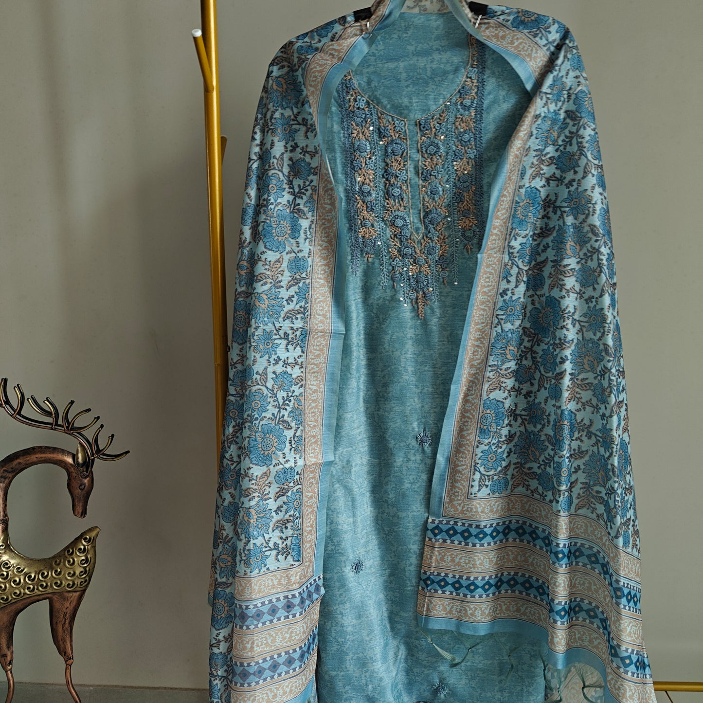 Blue chanderi cotton knot embroidery with resham thread and jamdani