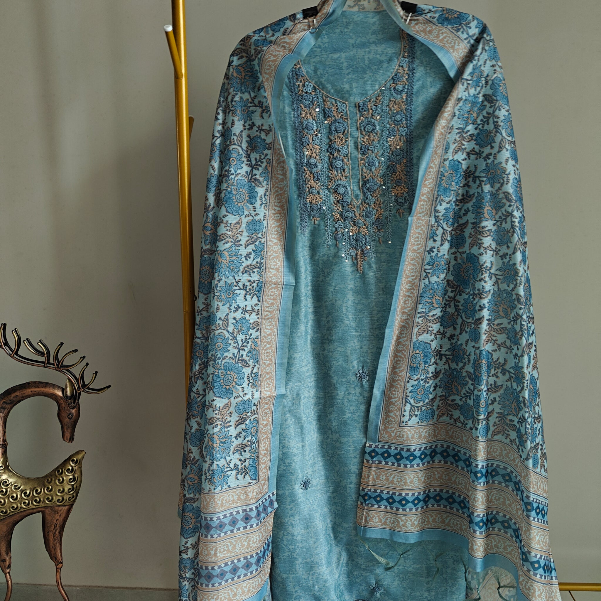 Blue chanderi cotton knot embroidery with resham thread and jamdani