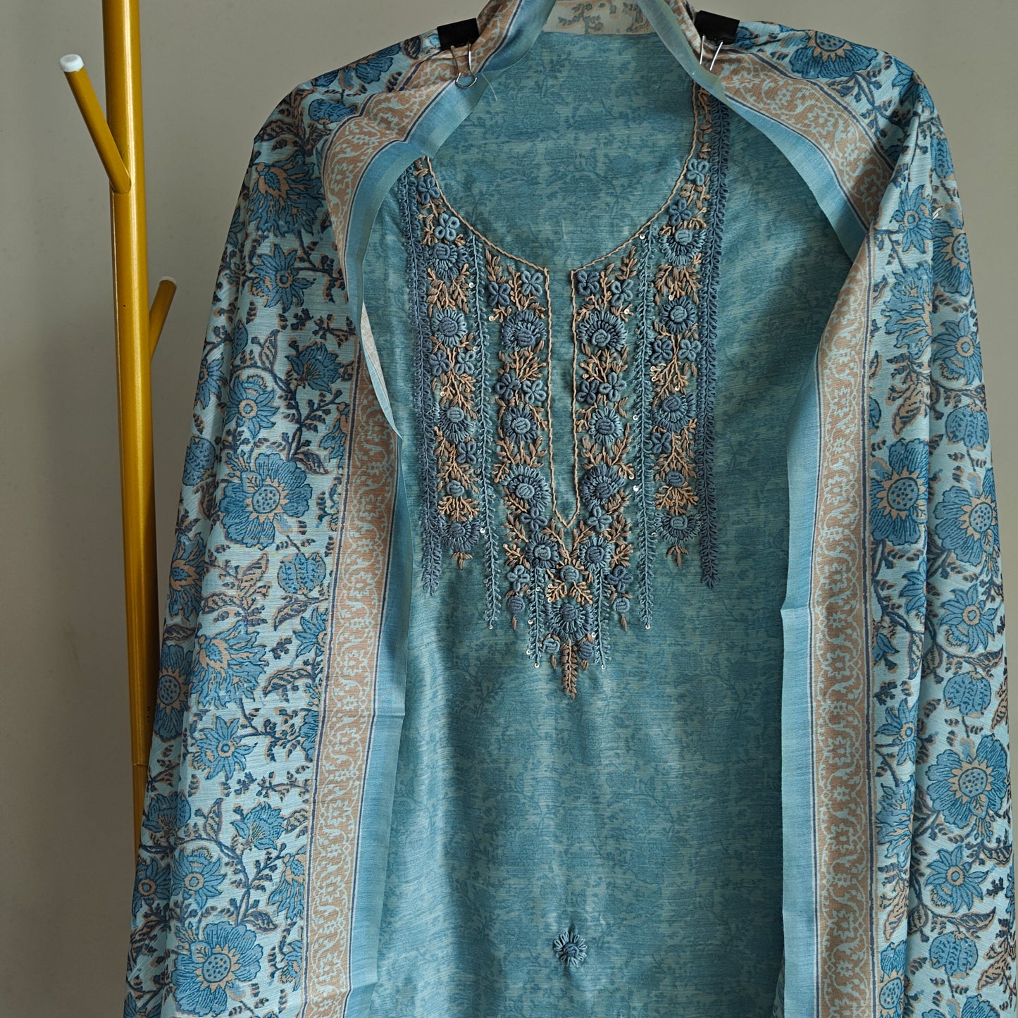 Blue chanderi cotton knot embroidery with resham thread and jamdani
