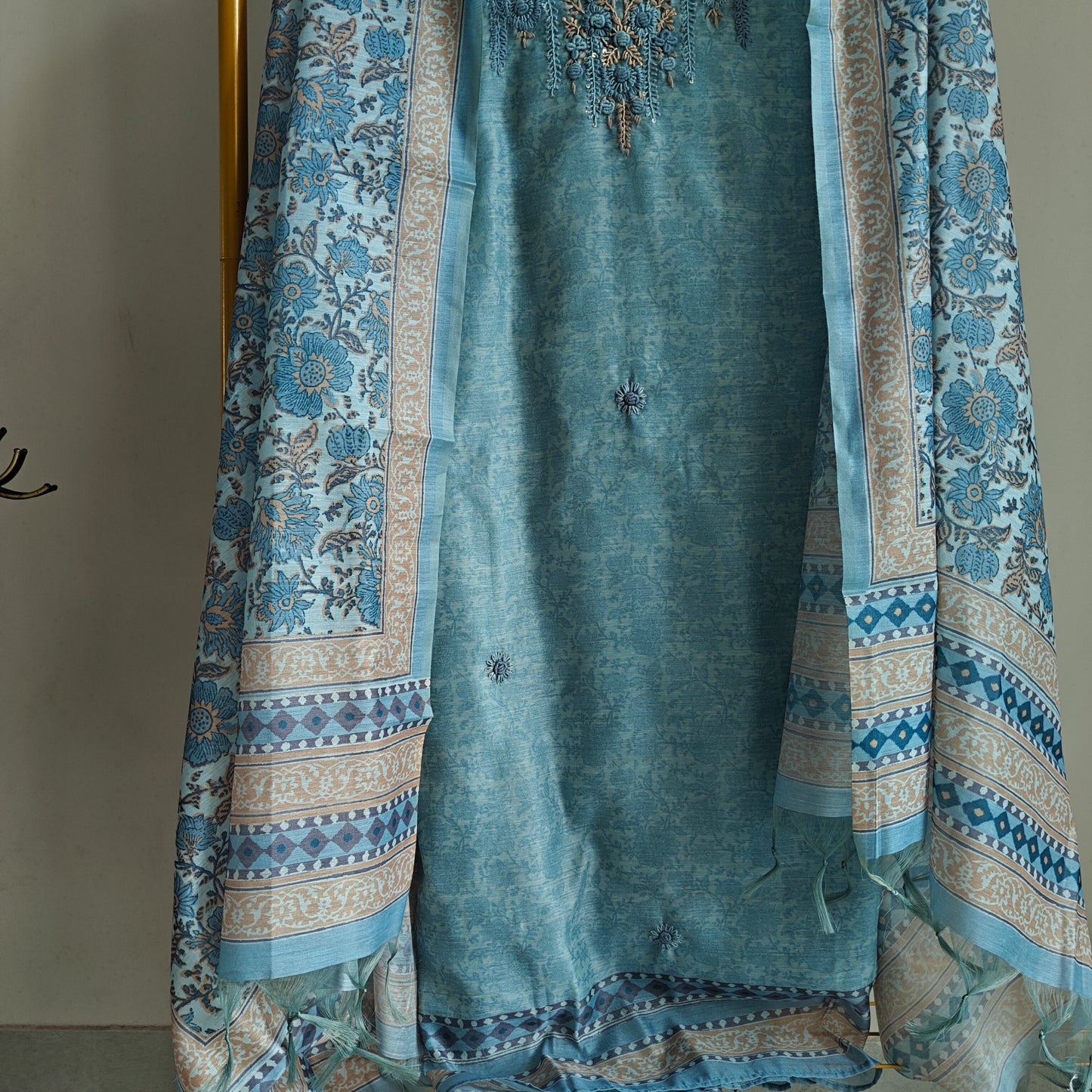 Blue chanderi cotton knot embroidery with resham thread and jamdani