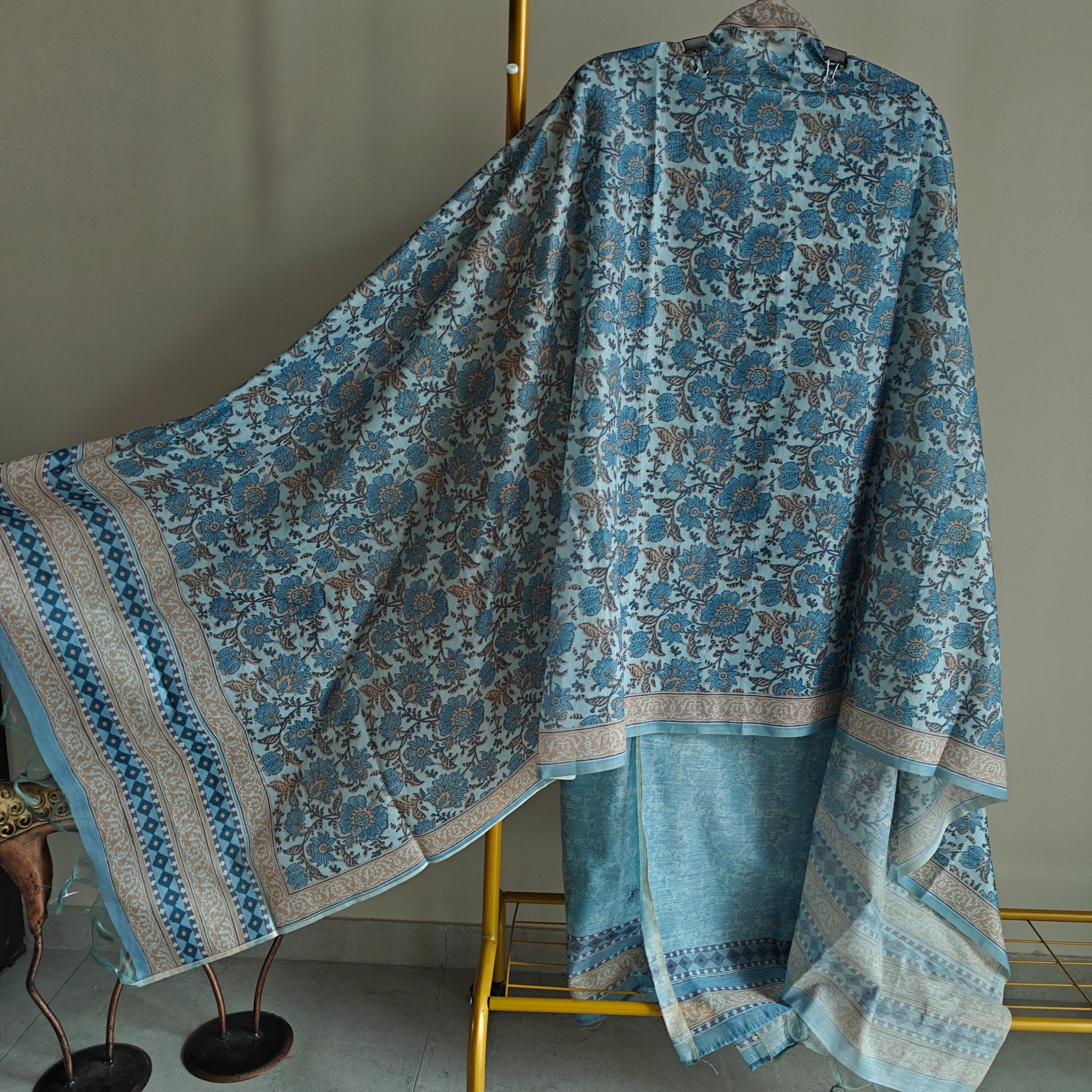 Blue chanderi cotton knot embroidery with resham thread and jamdani