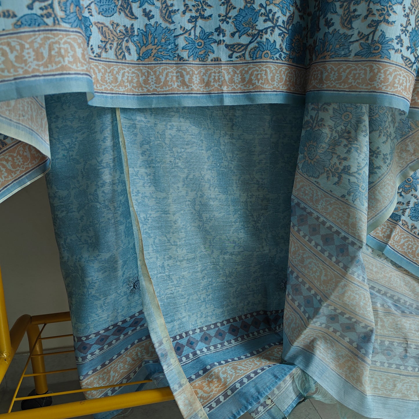 Blue chanderi cotton knot embroidery with resham thread and jamdani