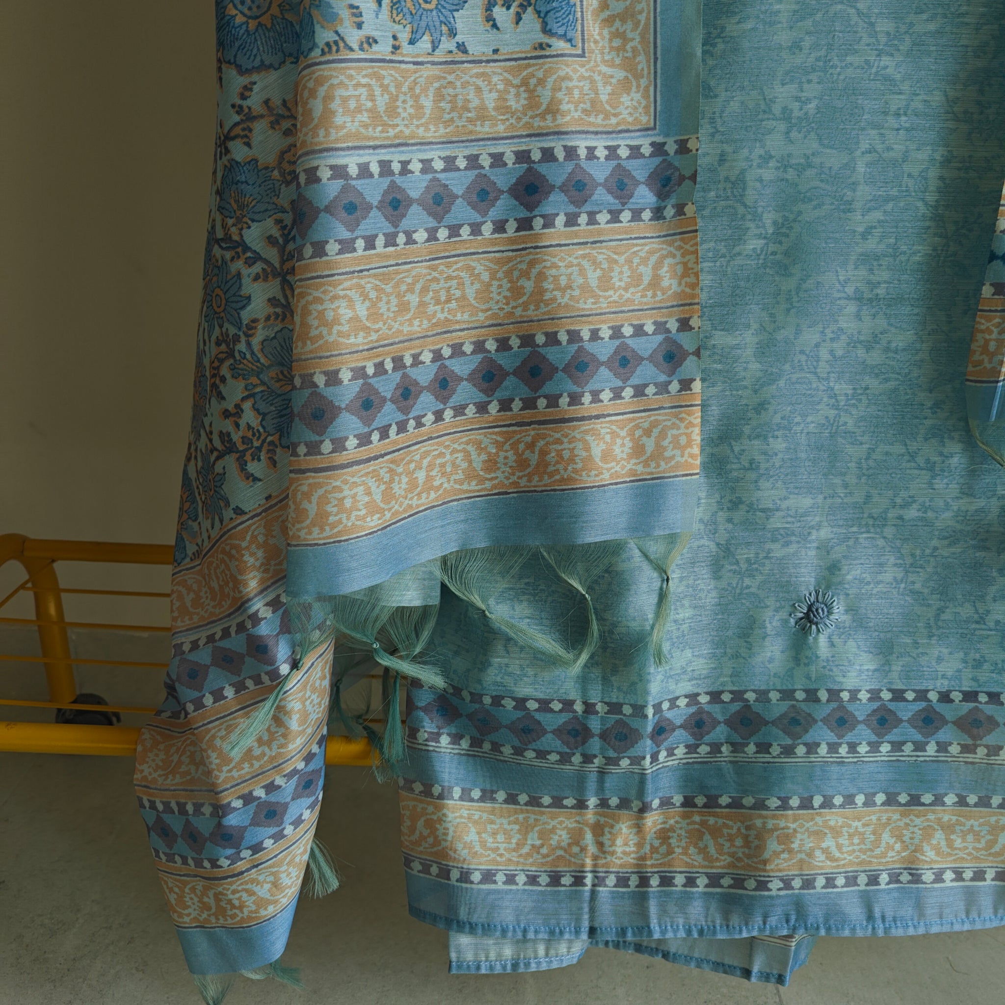 Blue chanderi cotton knot embroidery with resham thread and jamdani