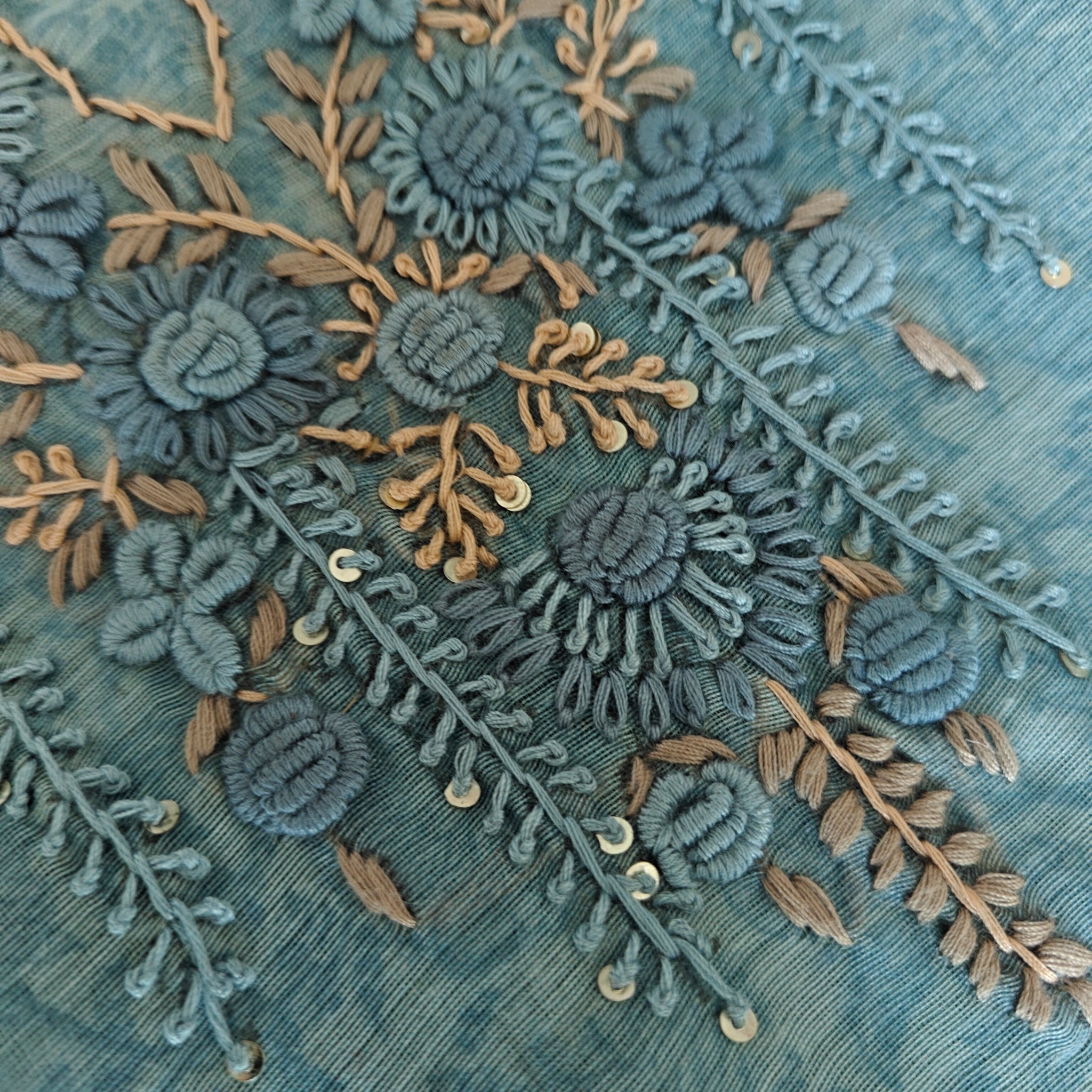 Blue chanderi cotton knot embroidery with resham thread and jamdani