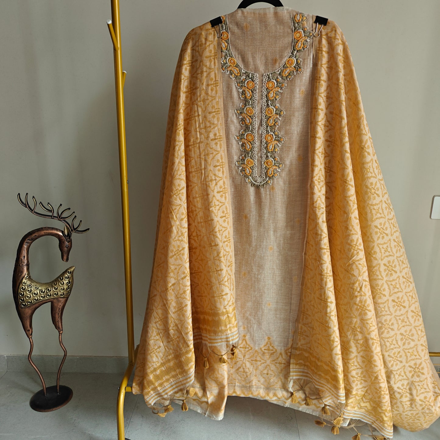 Yellow chanderi cotton knot embroidery with resham thread and jamdani
