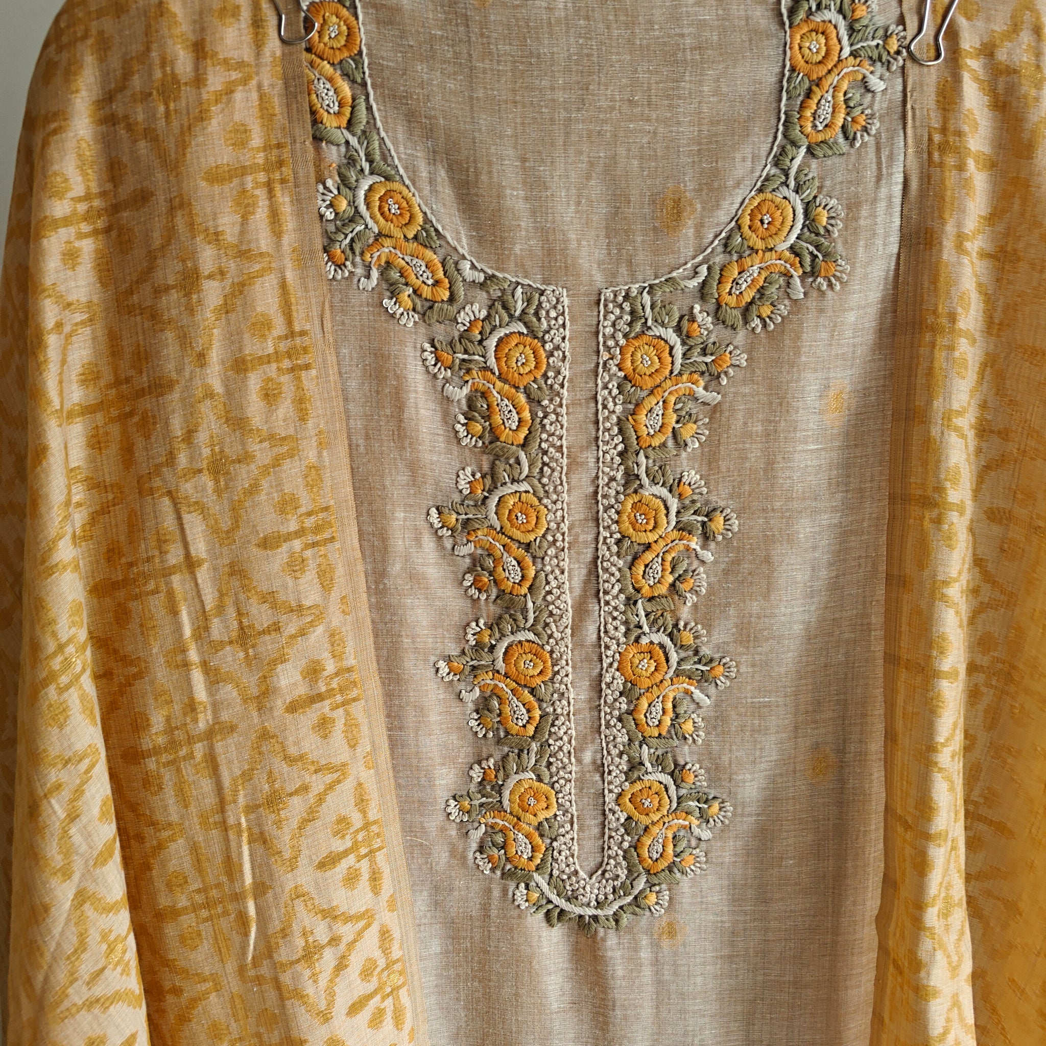 Yellow chanderi cotton knot embroidery with resham thread and jamdani