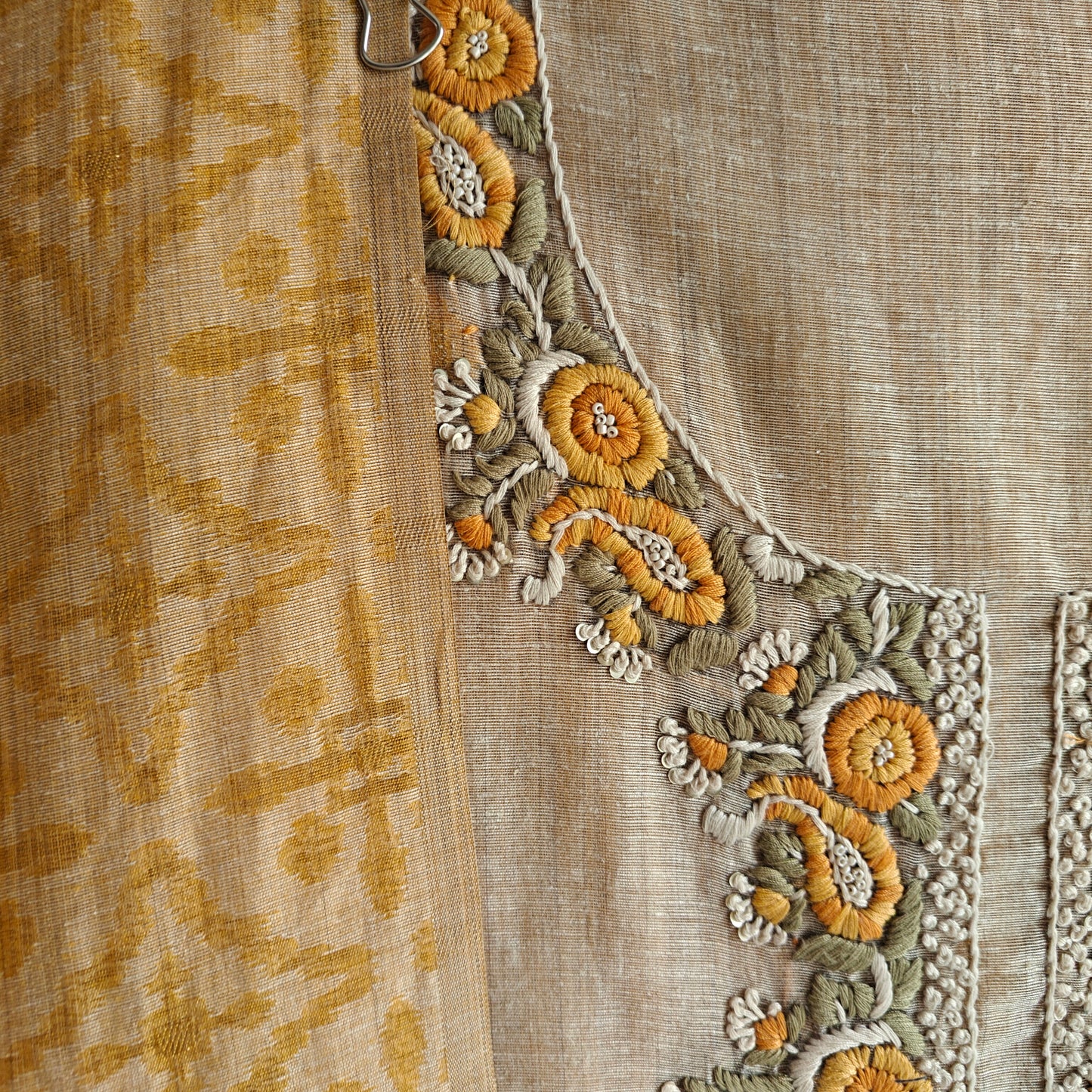 Yellow chanderi cotton knot embroidery with resham thread and jamdani