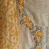 Yellow chanderi cotton knot embroidery with resham thread and jamdani