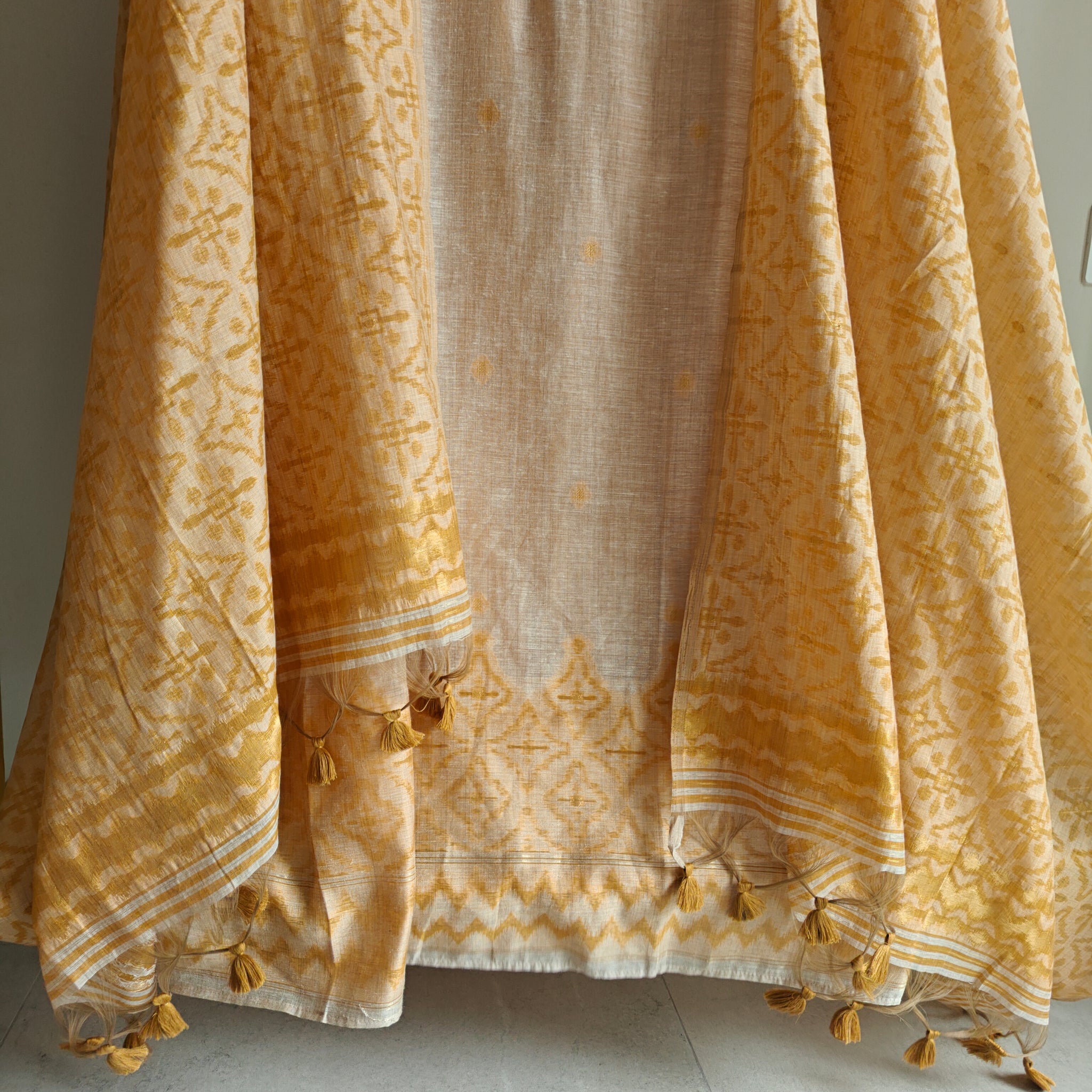 Yellow chanderi cotton knot embroidery with resham thread and jamdani