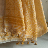 Yellow chanderi cotton knot embroidery with resham thread and jamdani