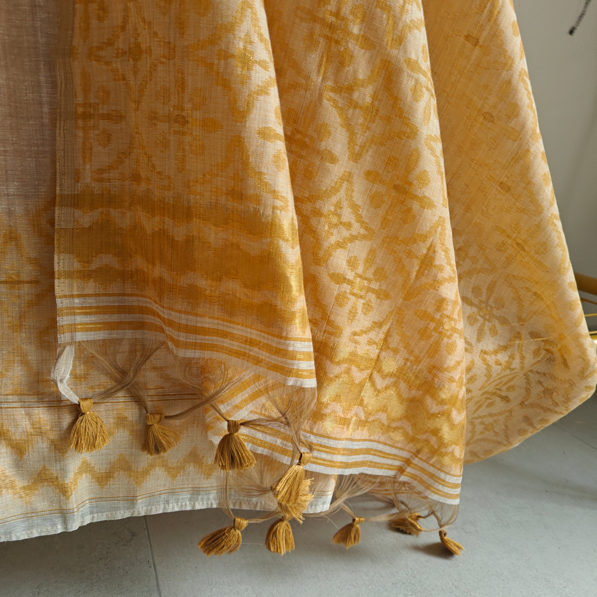 Yellow chanderi cotton knot embroidery with resham thread and jamdani