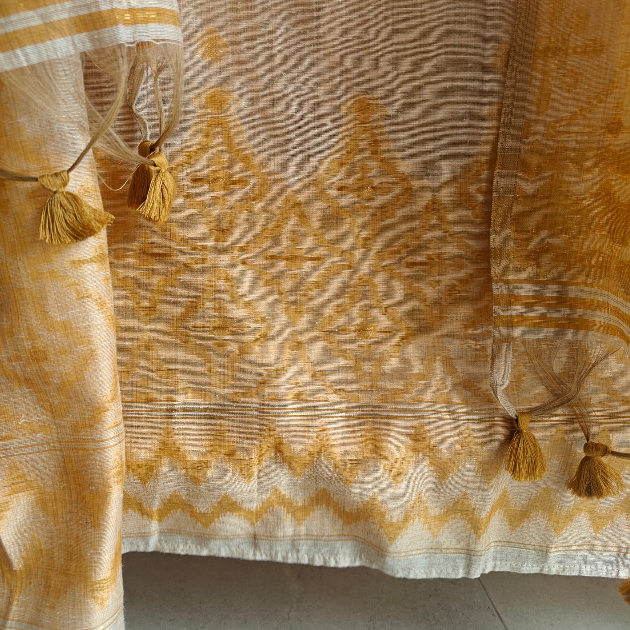 Yellow chanderi cotton knot embroidery with resham thread and jamdani