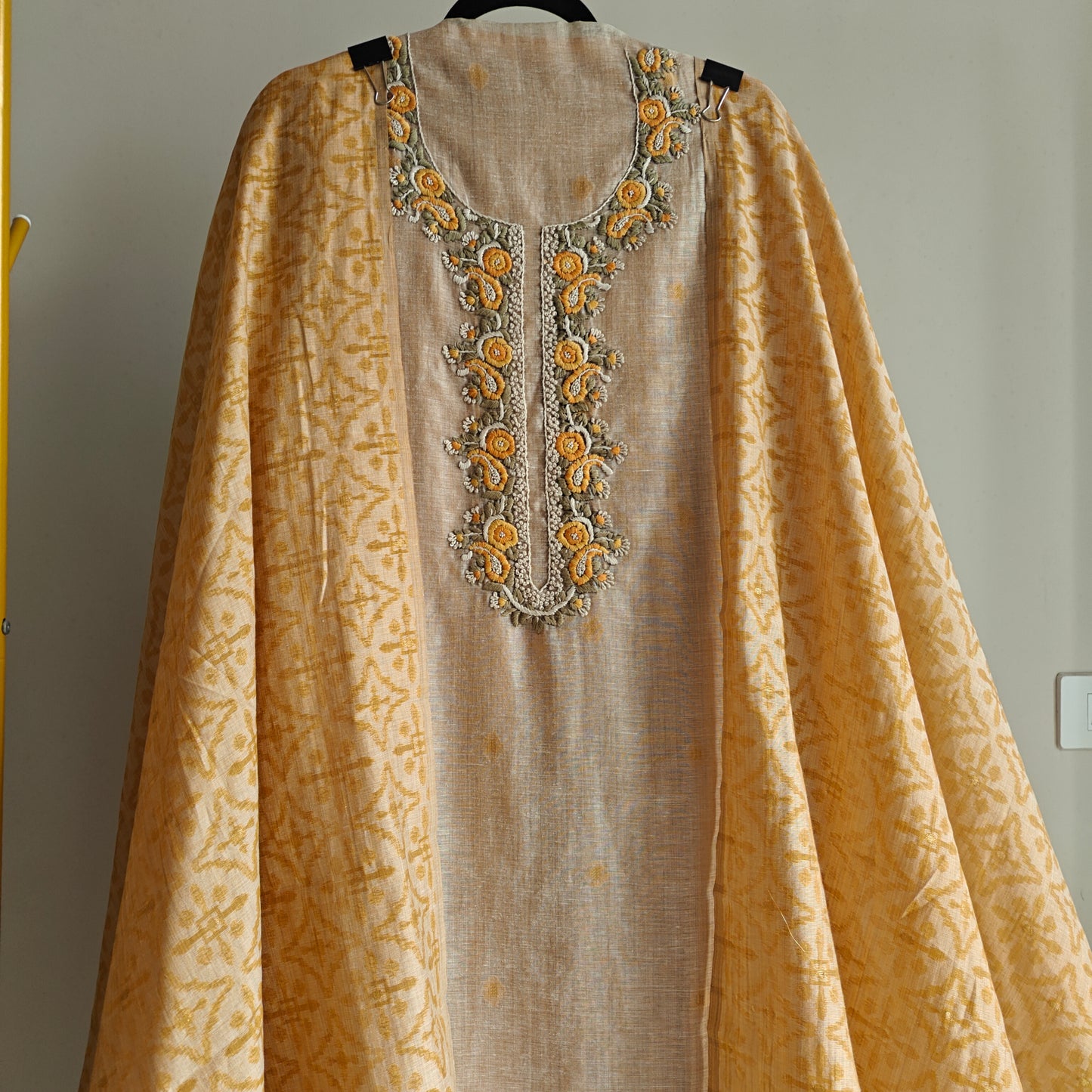 Yellow chanderi cotton knot embroidery with resham thread and jamdani