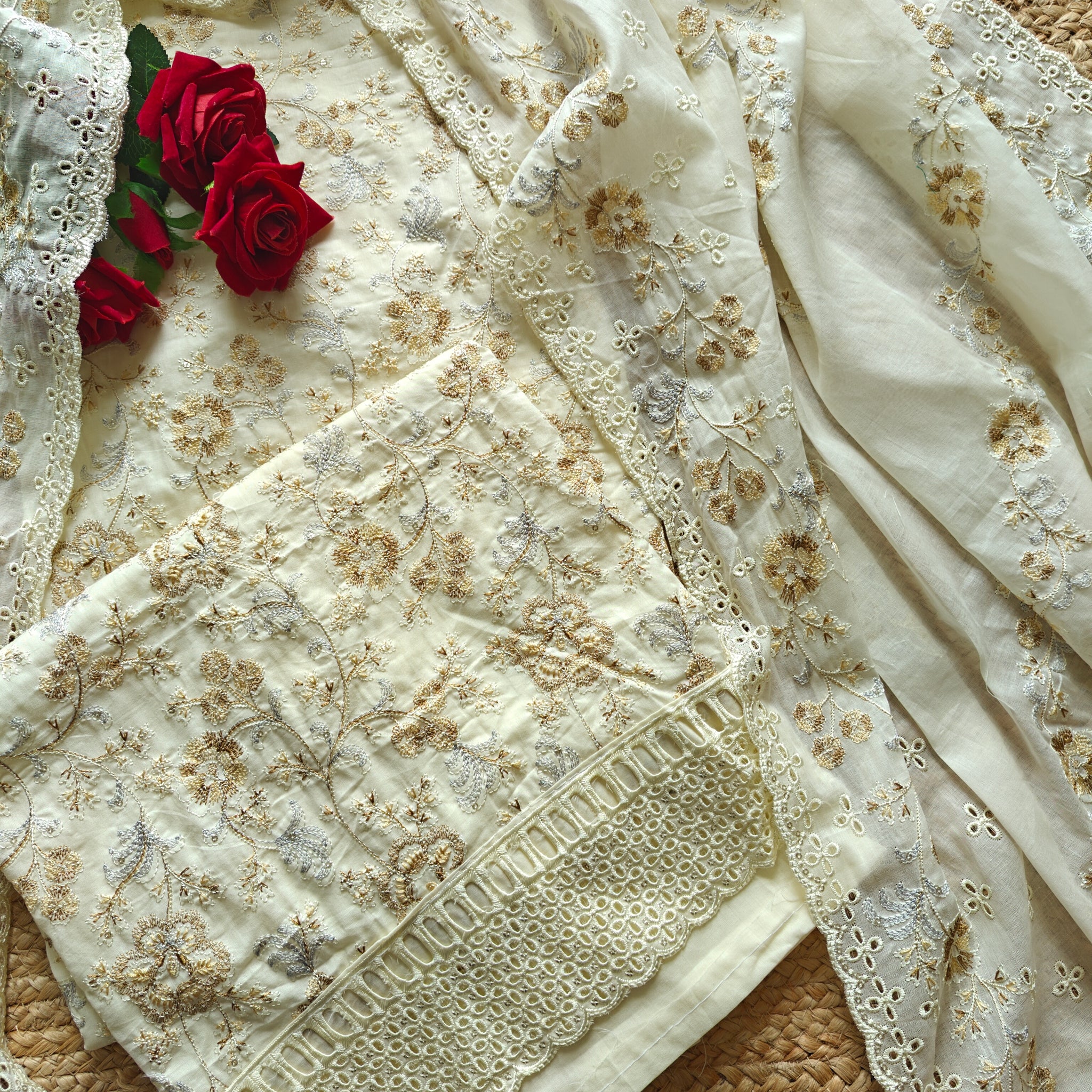 Cream Cotton embroidered dress material