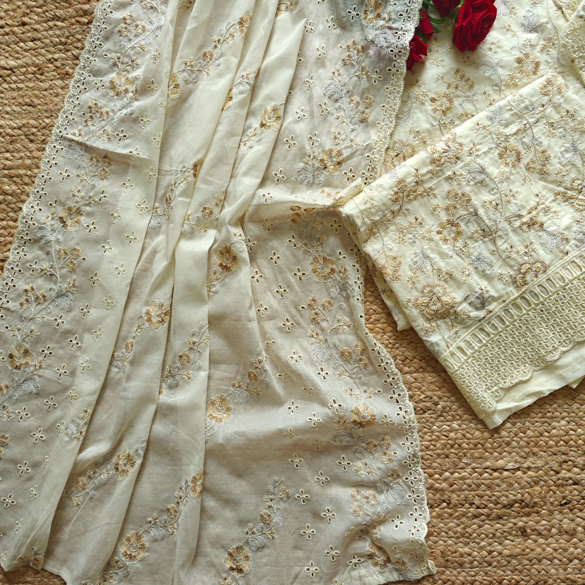 Cream Cotton embroidered dress material