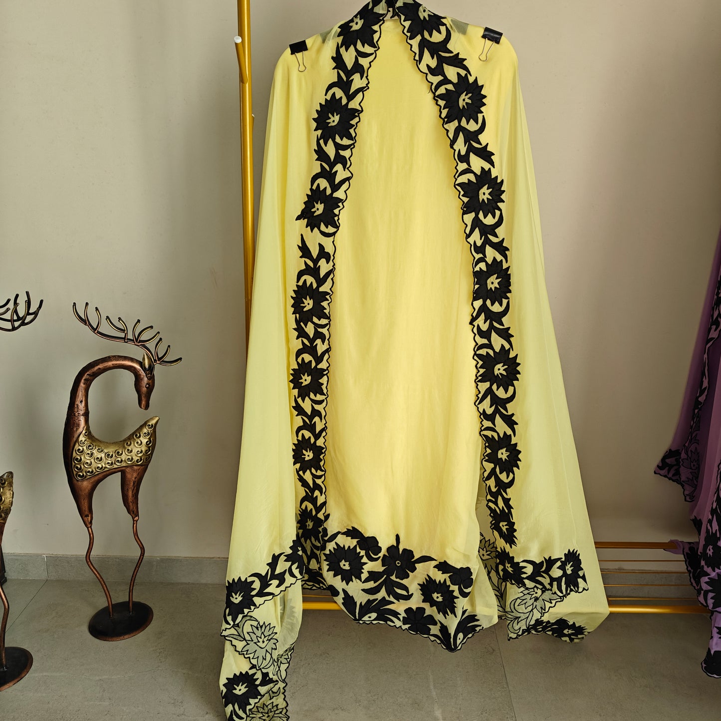 Yellow Georgette dress material with Black patchwork