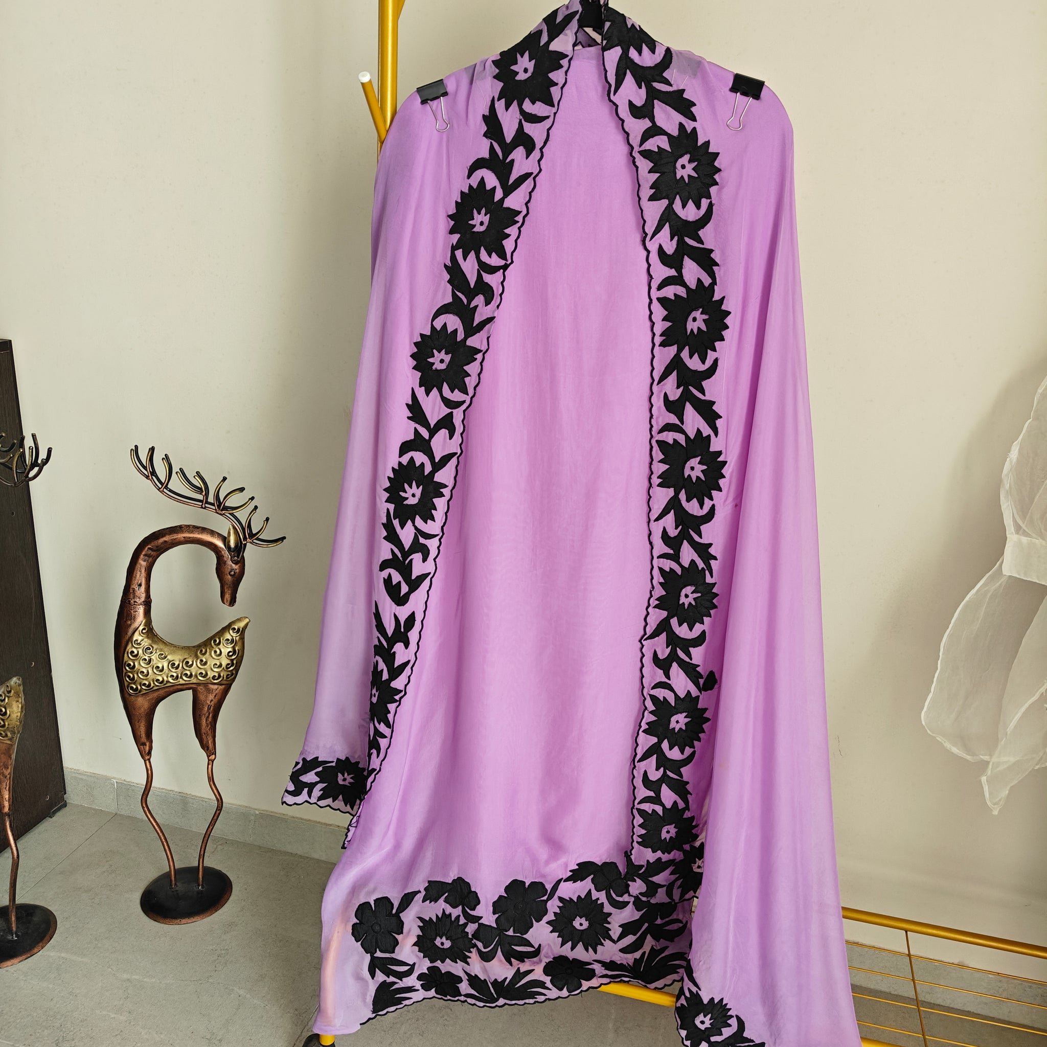 Purple Georgette dress material with Black patchwork