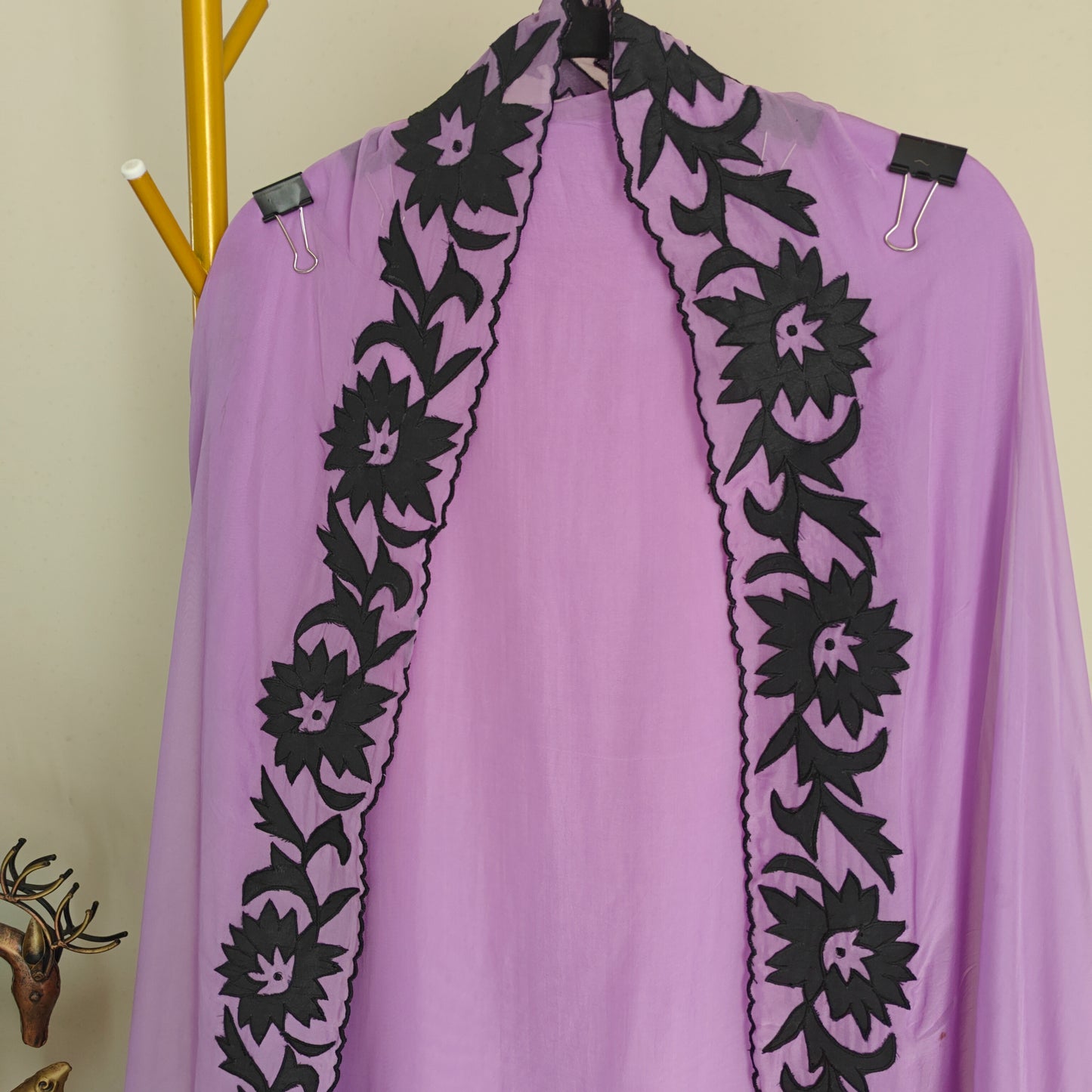 Purple Georgette dress material with Black patchwork